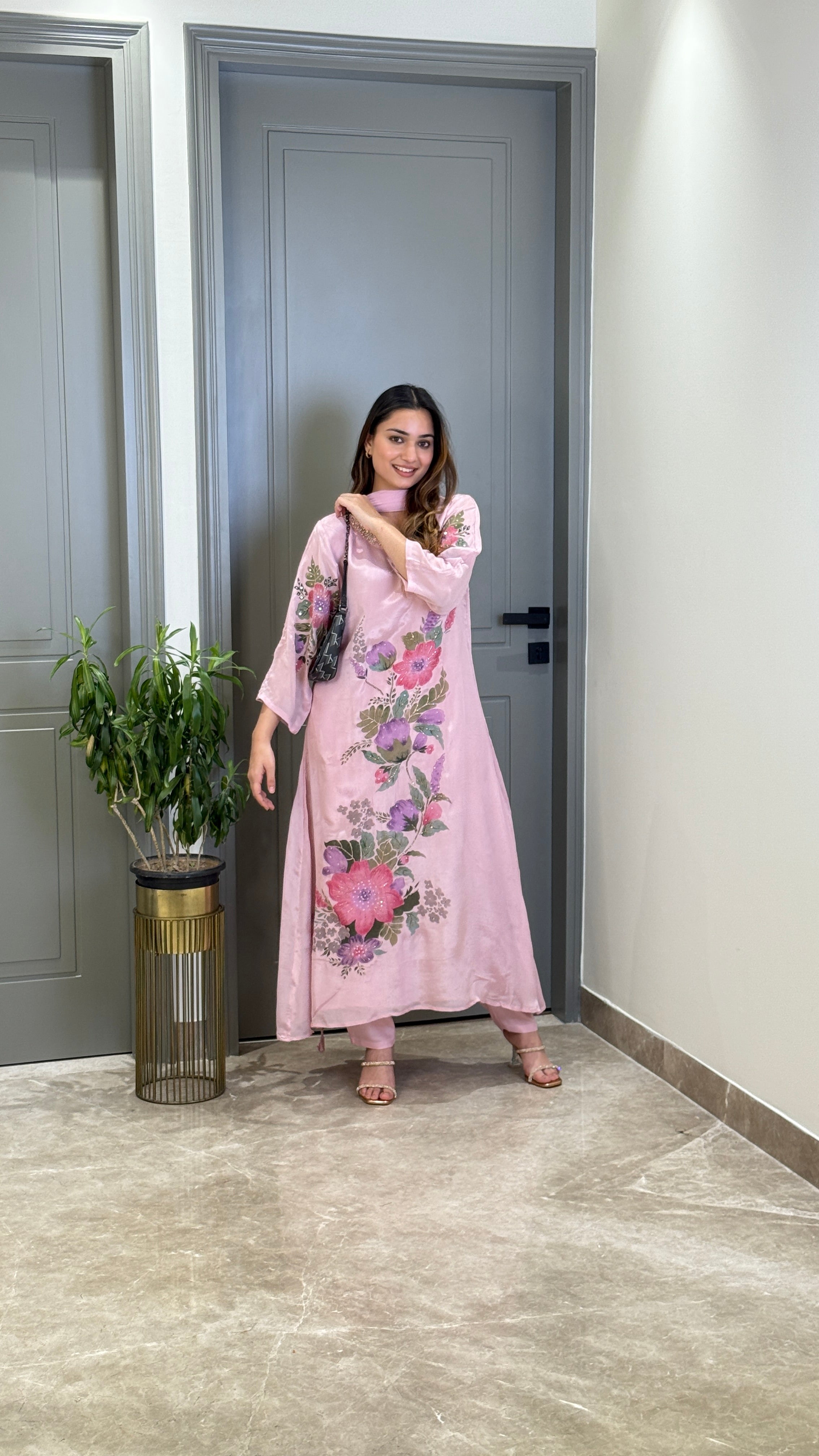 Pink Floral Crepe Suit Set