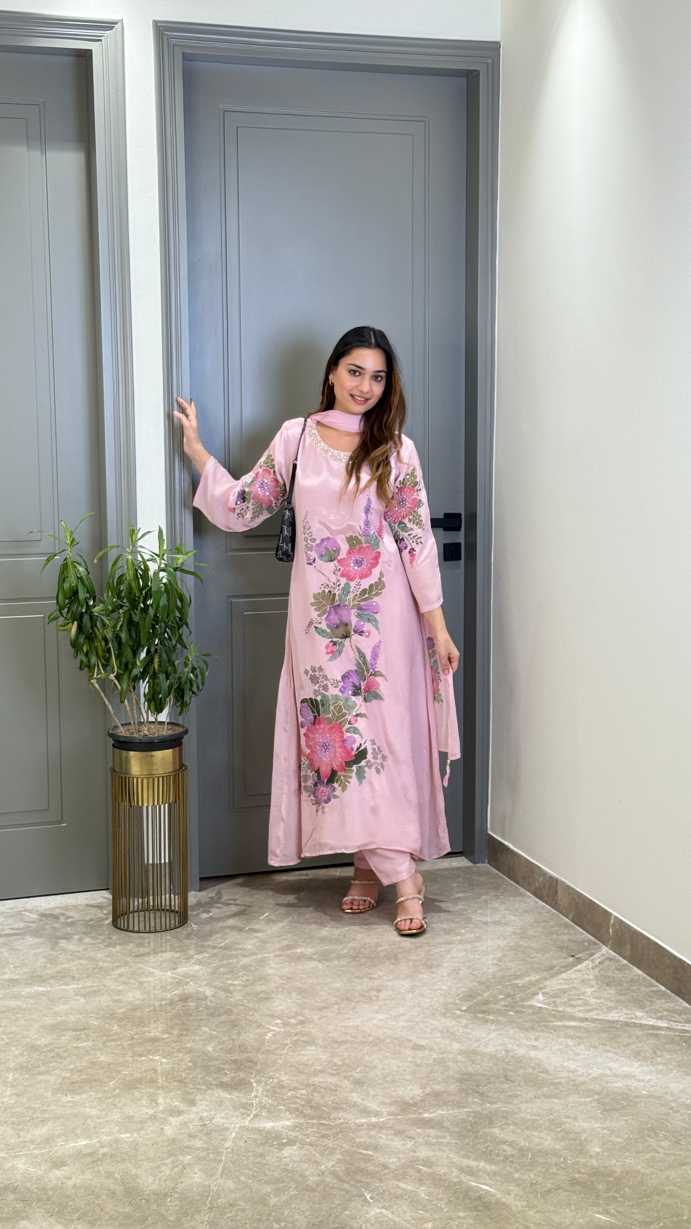 Pink Floral Crepe Suit Set
