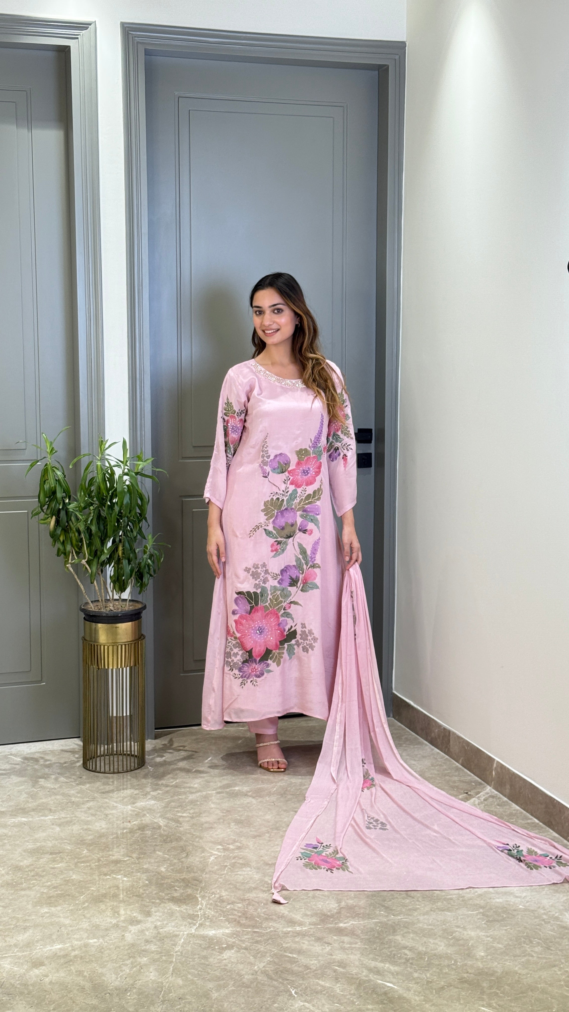 Pink Floral Crepe Suit Set