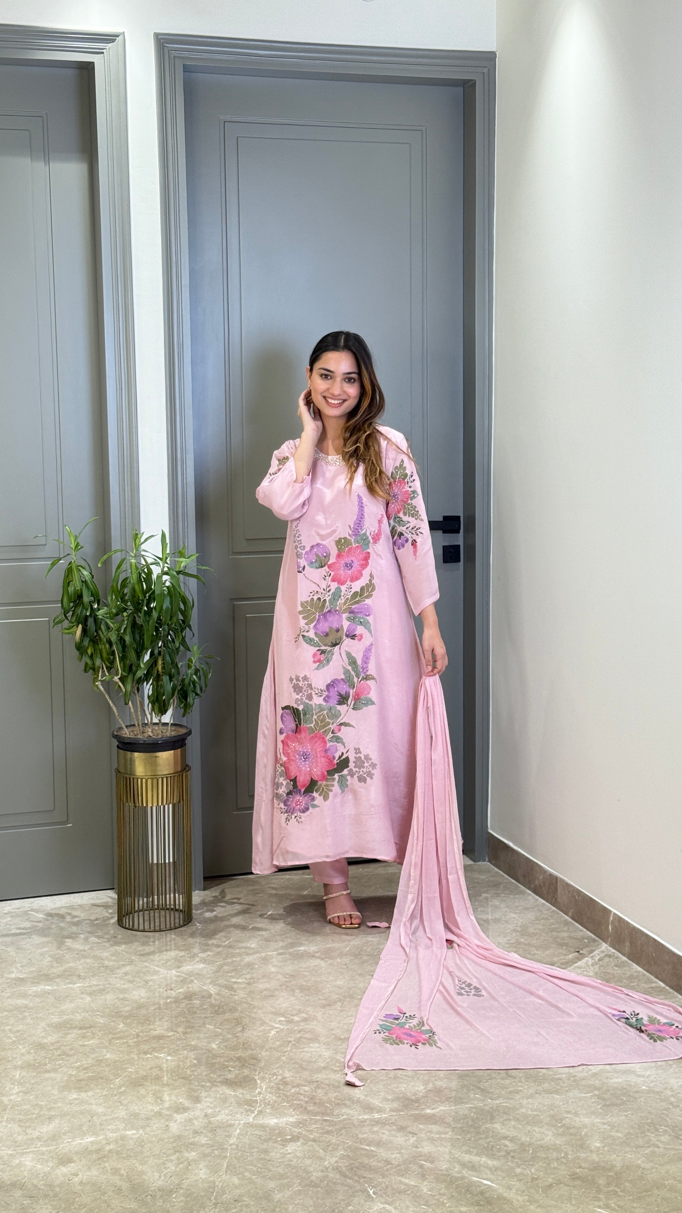 Pink Floral Crepe Suit Set
