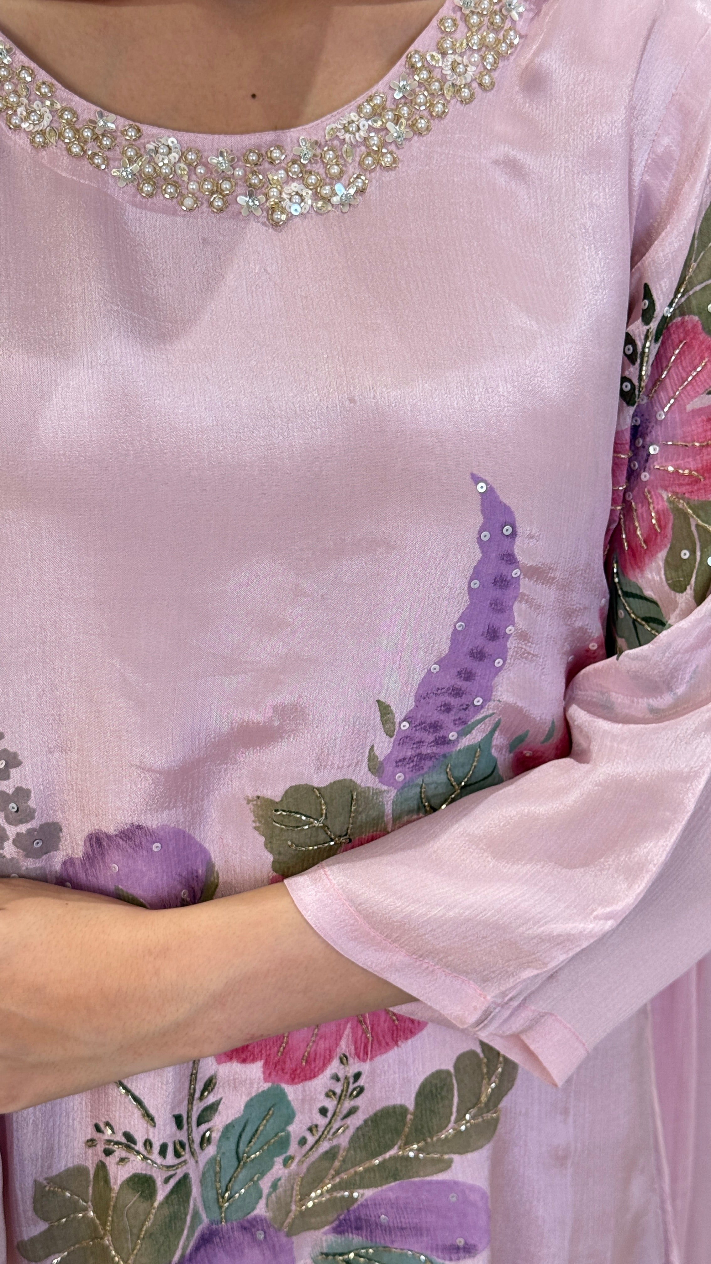 Pink Floral Crepe Suit Set