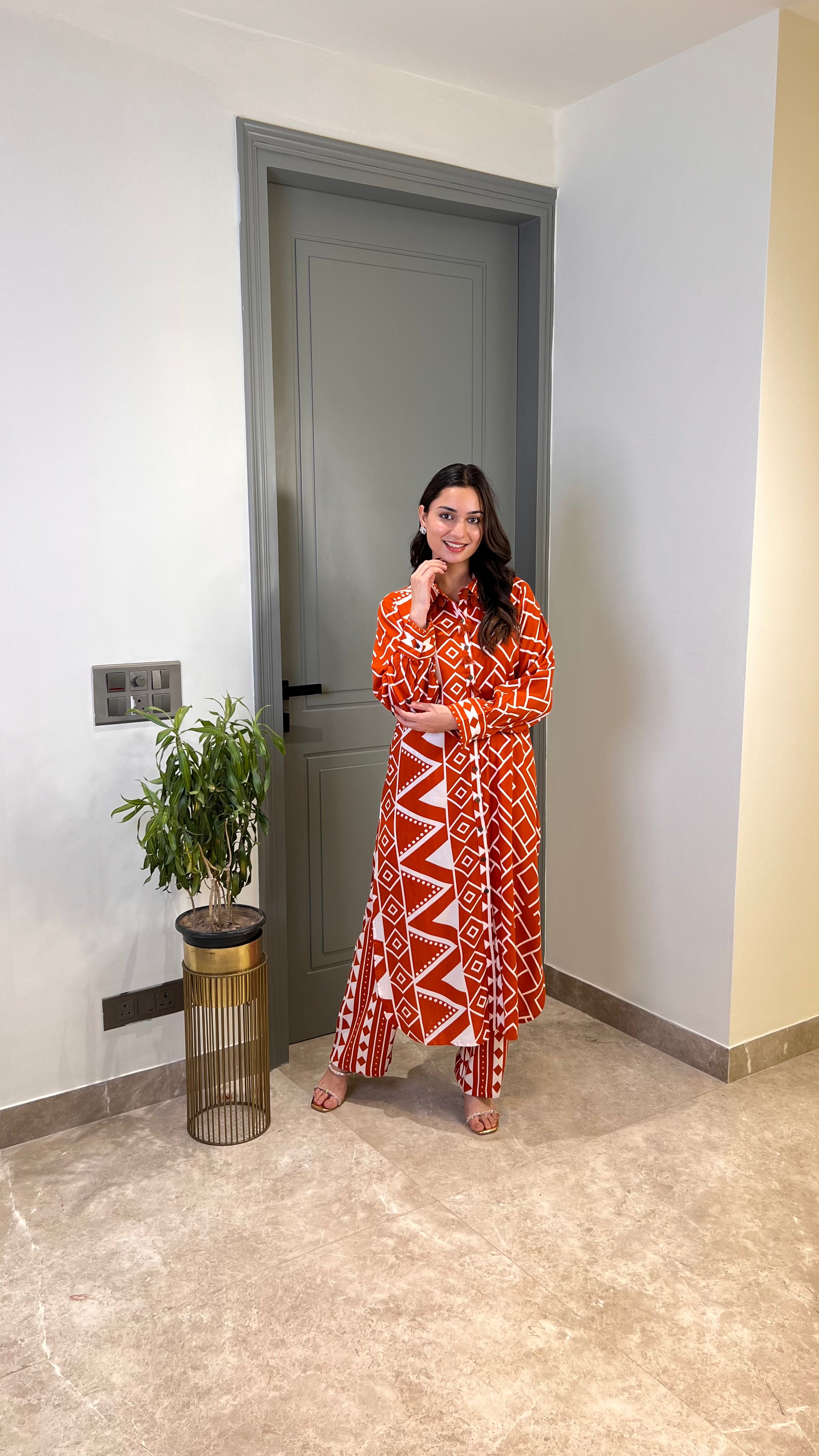 ⁠Zig Zag Rust Cotton Kurta Pants