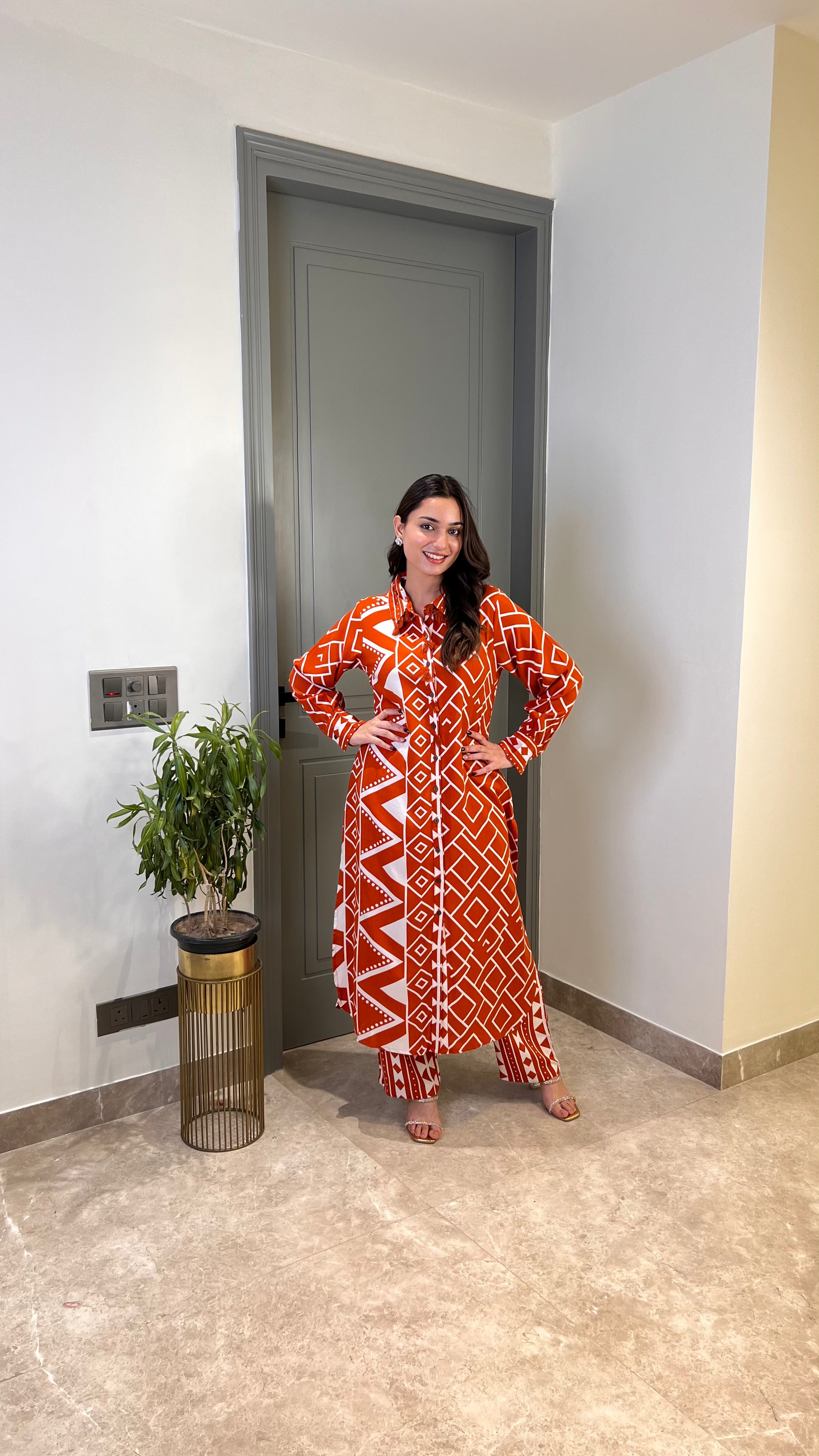 ⁠Zig Zag Rust Cotton Kurta Pants