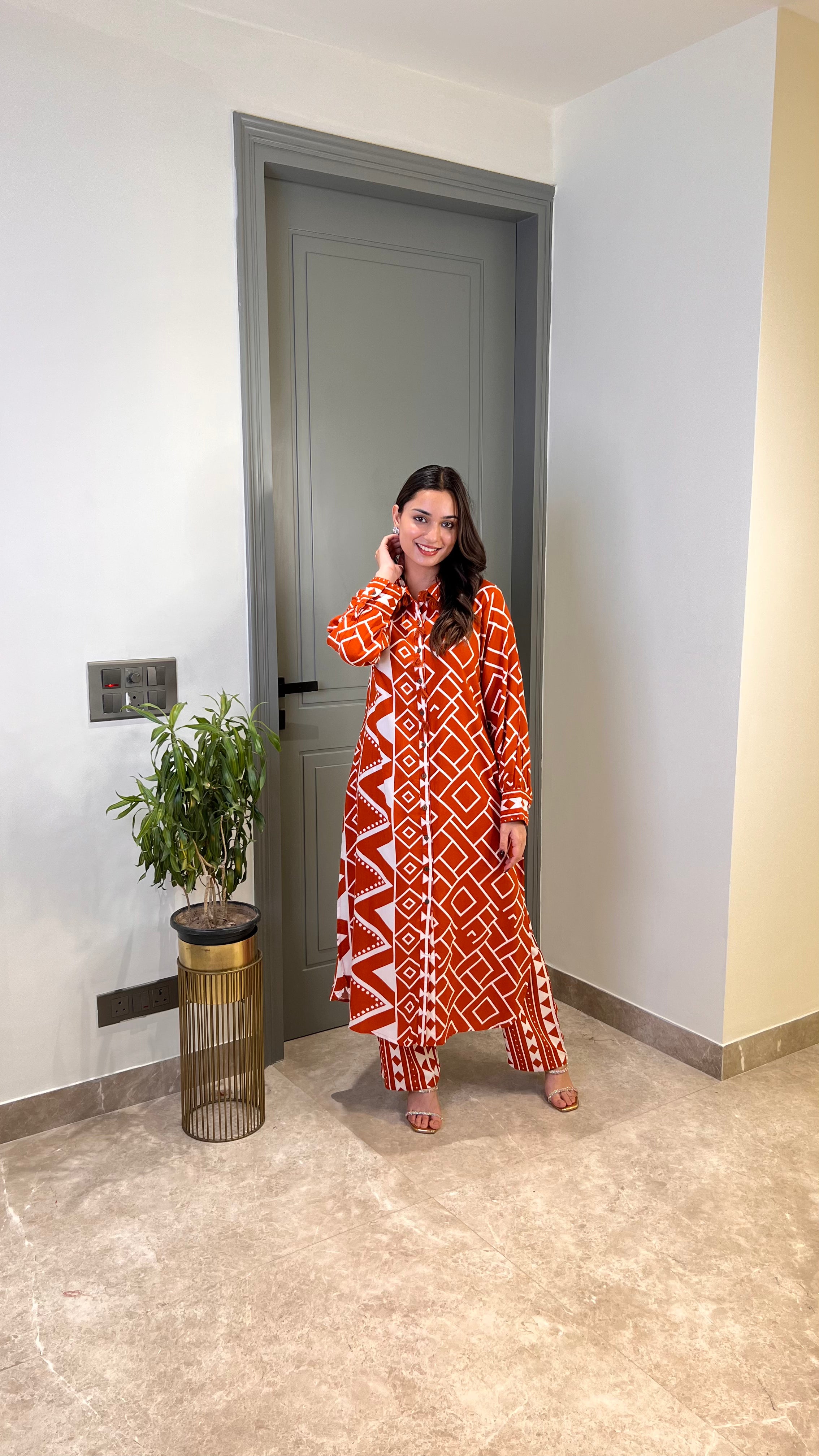 ⁠Zig Zag Rust Cotton Kurta Pants