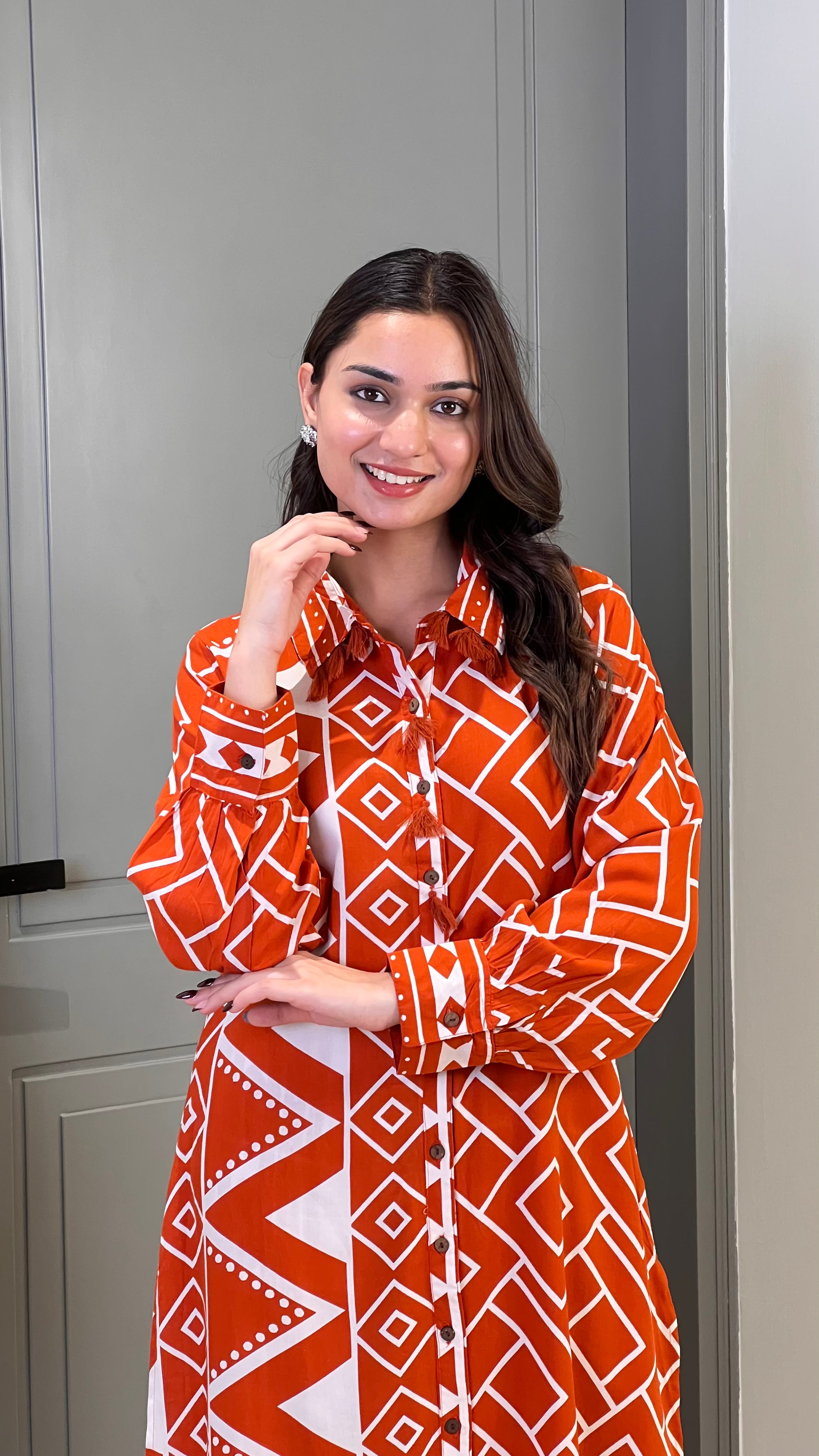 ⁠Zig Zag Rust Cotton Kurta Pants