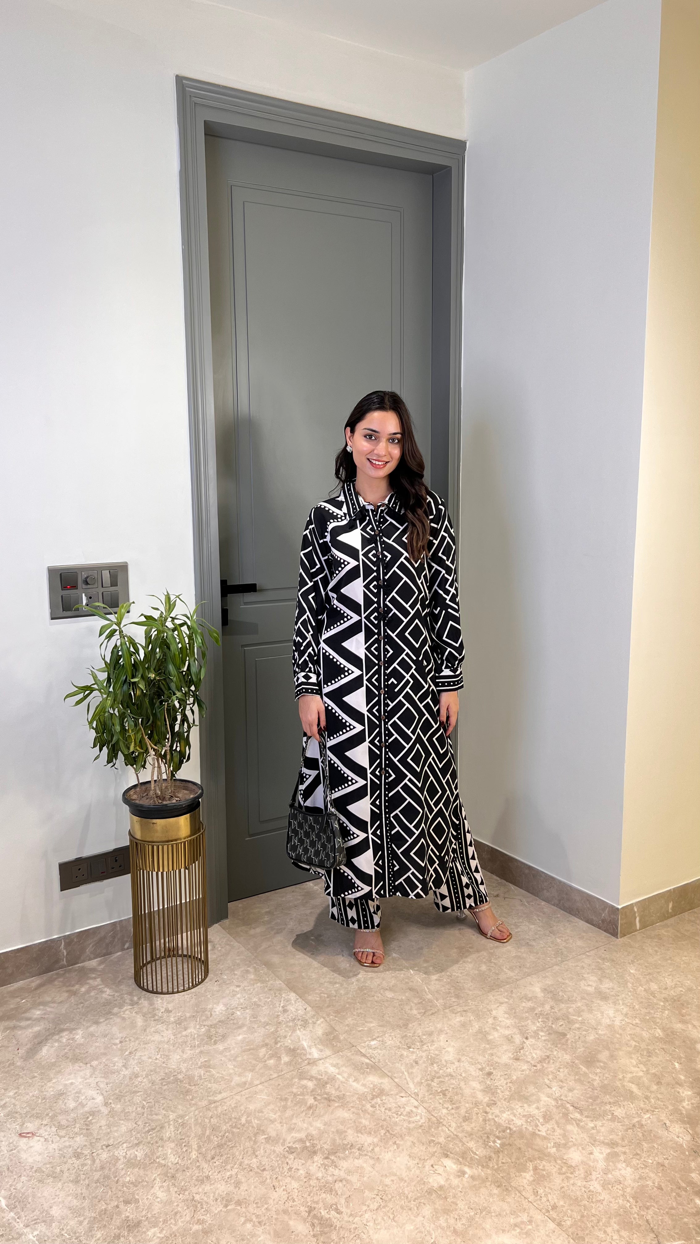 ⁠Zig Zag Black Cotton Kurta Pants