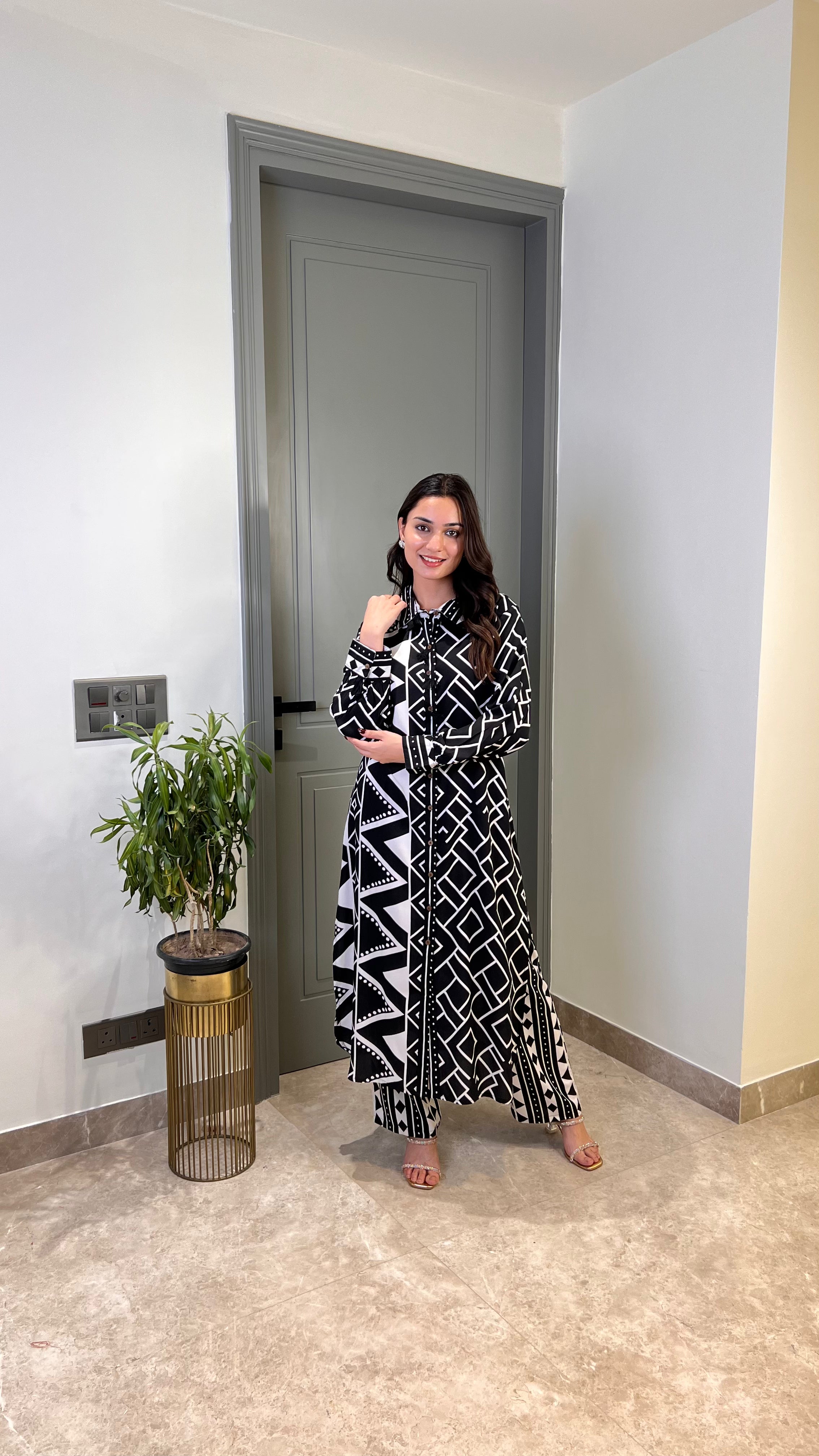 ⁠Zig Zag Black Cotton Kurta Pants