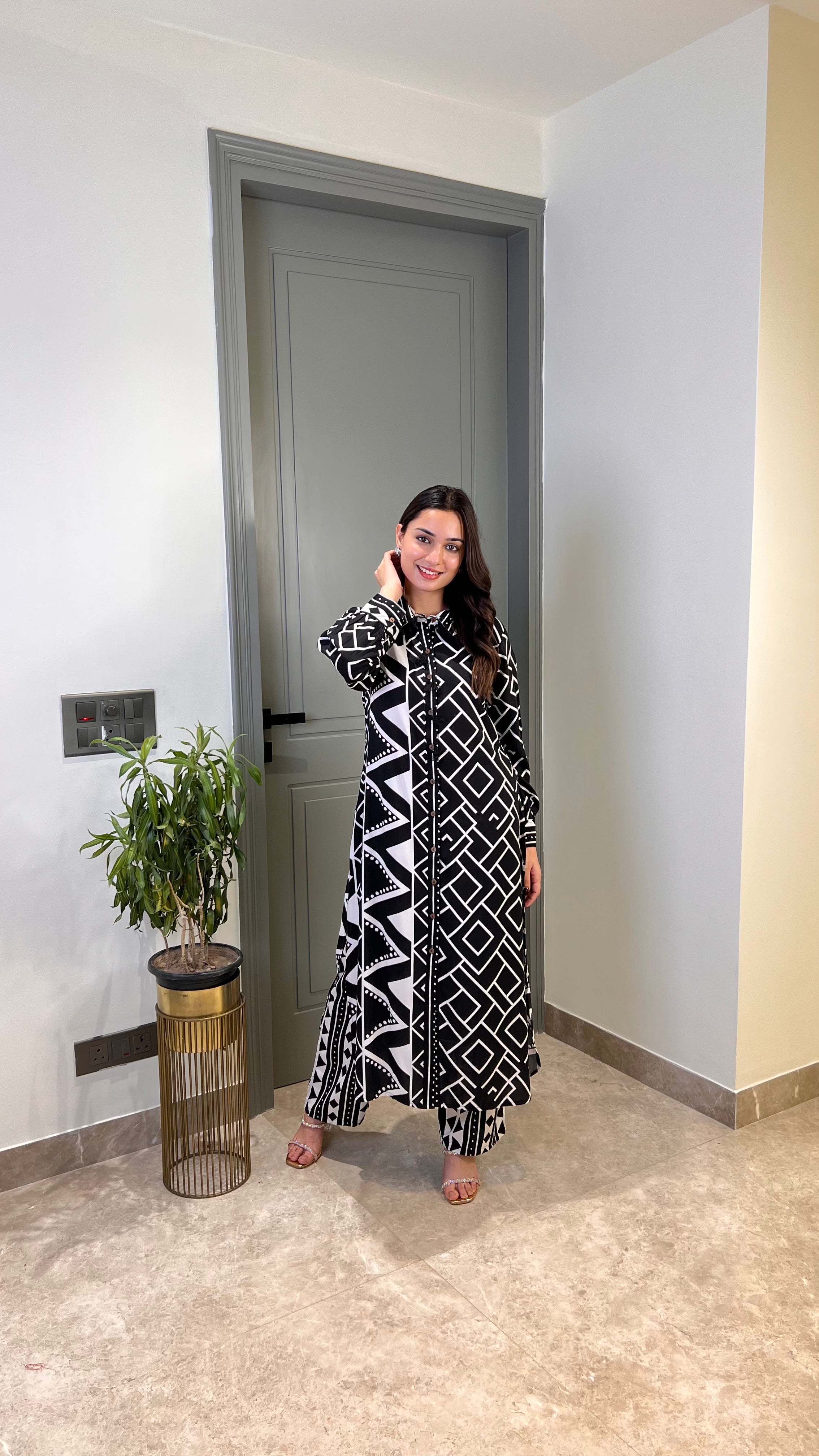 ⁠Zig Zag Black Cotton Kurta Pants