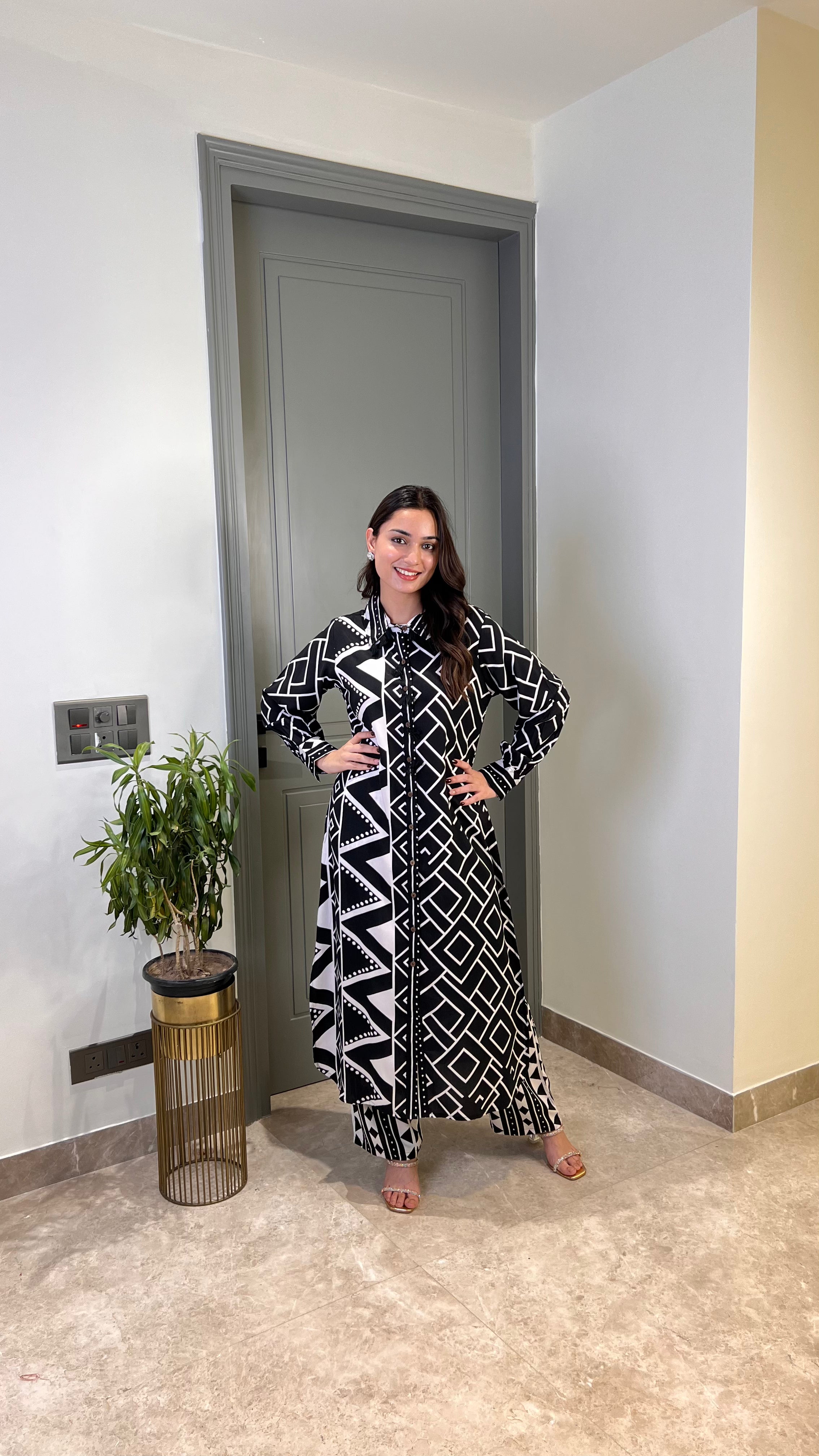 ⁠Zig Zag Black Cotton Kurta Pants