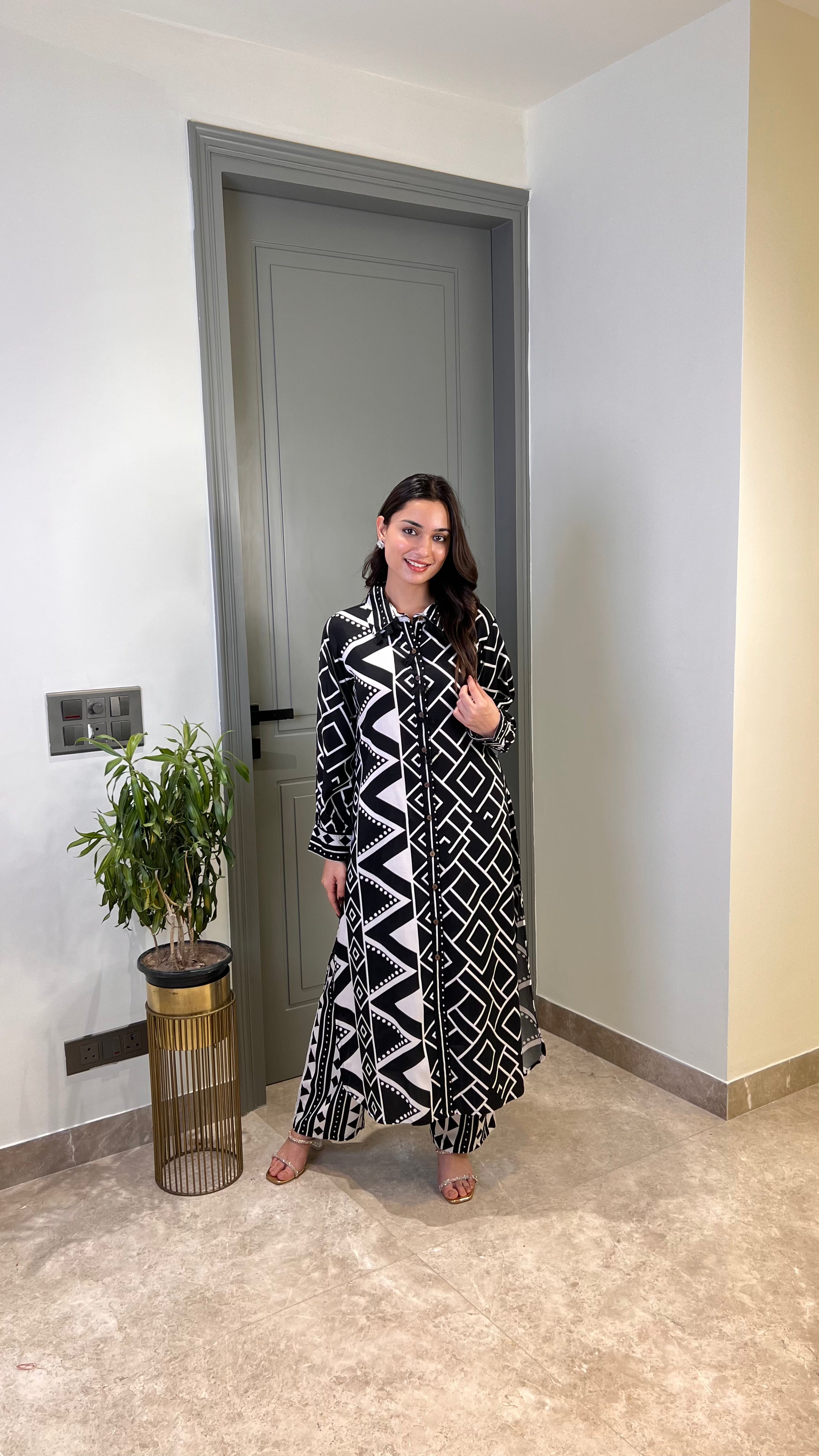 ⁠Zig Zag Black Cotton Kurta Pants