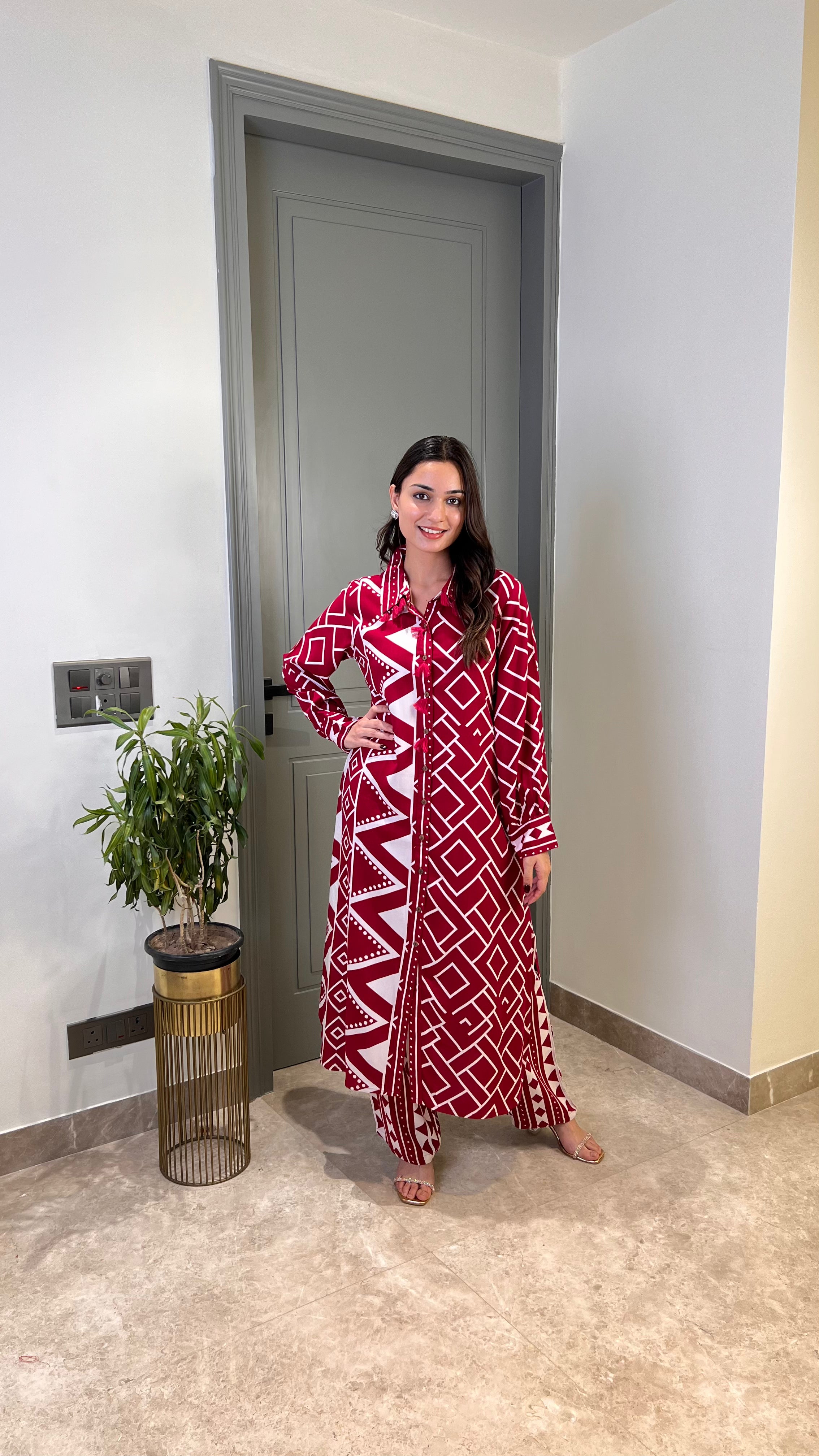 ⁠Zig Zag Pink Cotton Kurta Pants