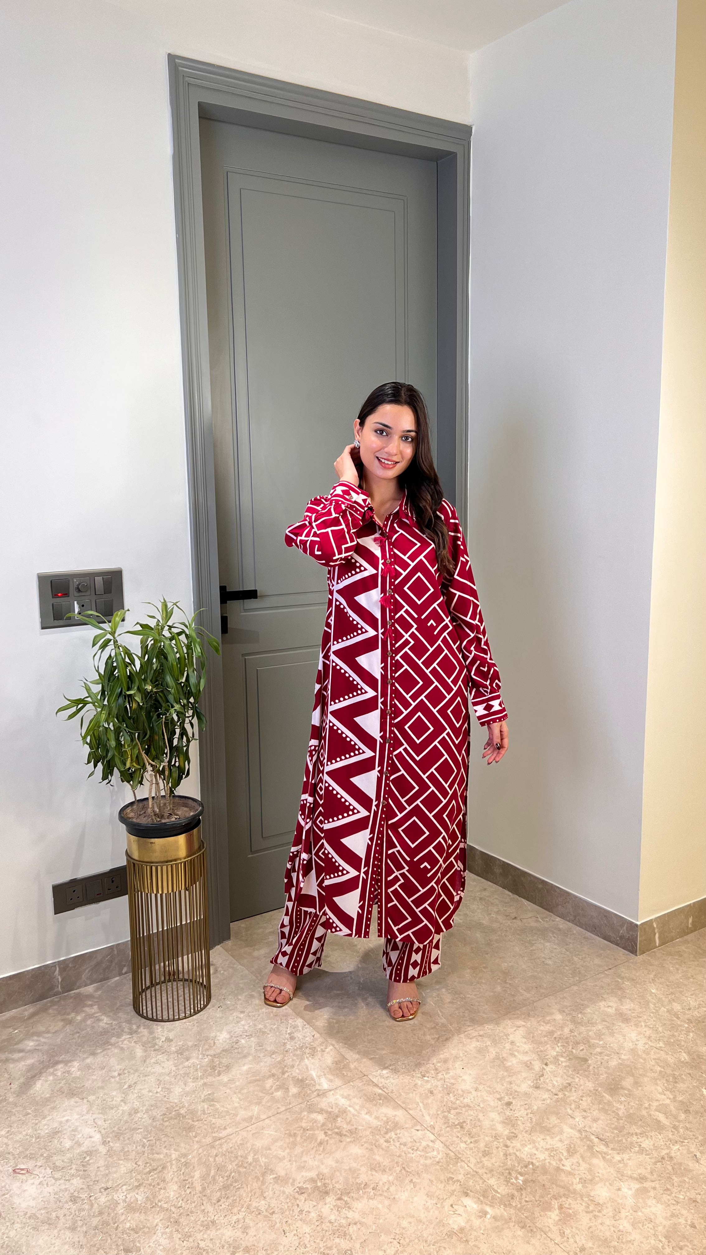 ⁠Zig Zag Pink Cotton Kurta Pants