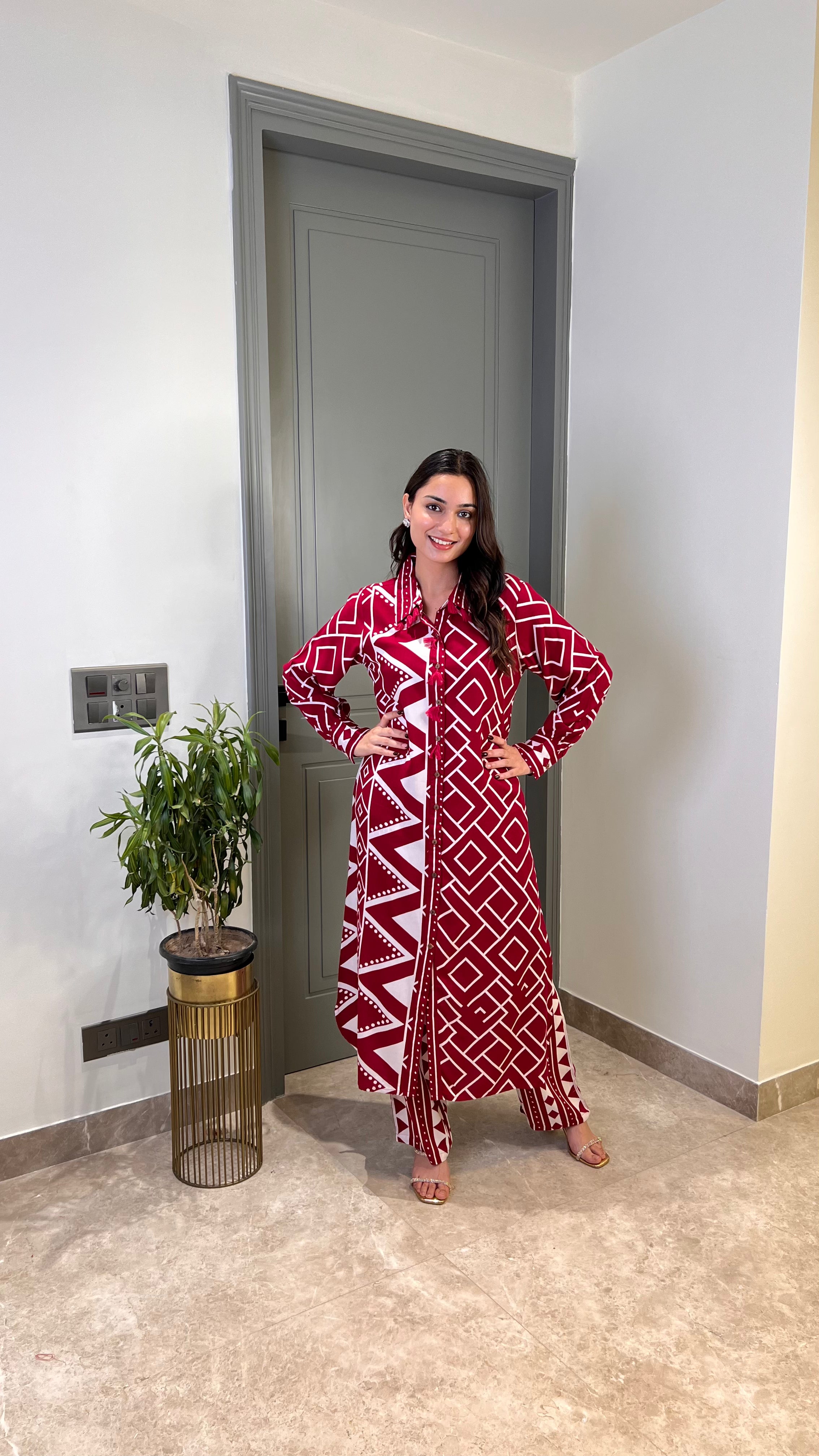 ⁠Zig Zag Pink Cotton Kurta Pants