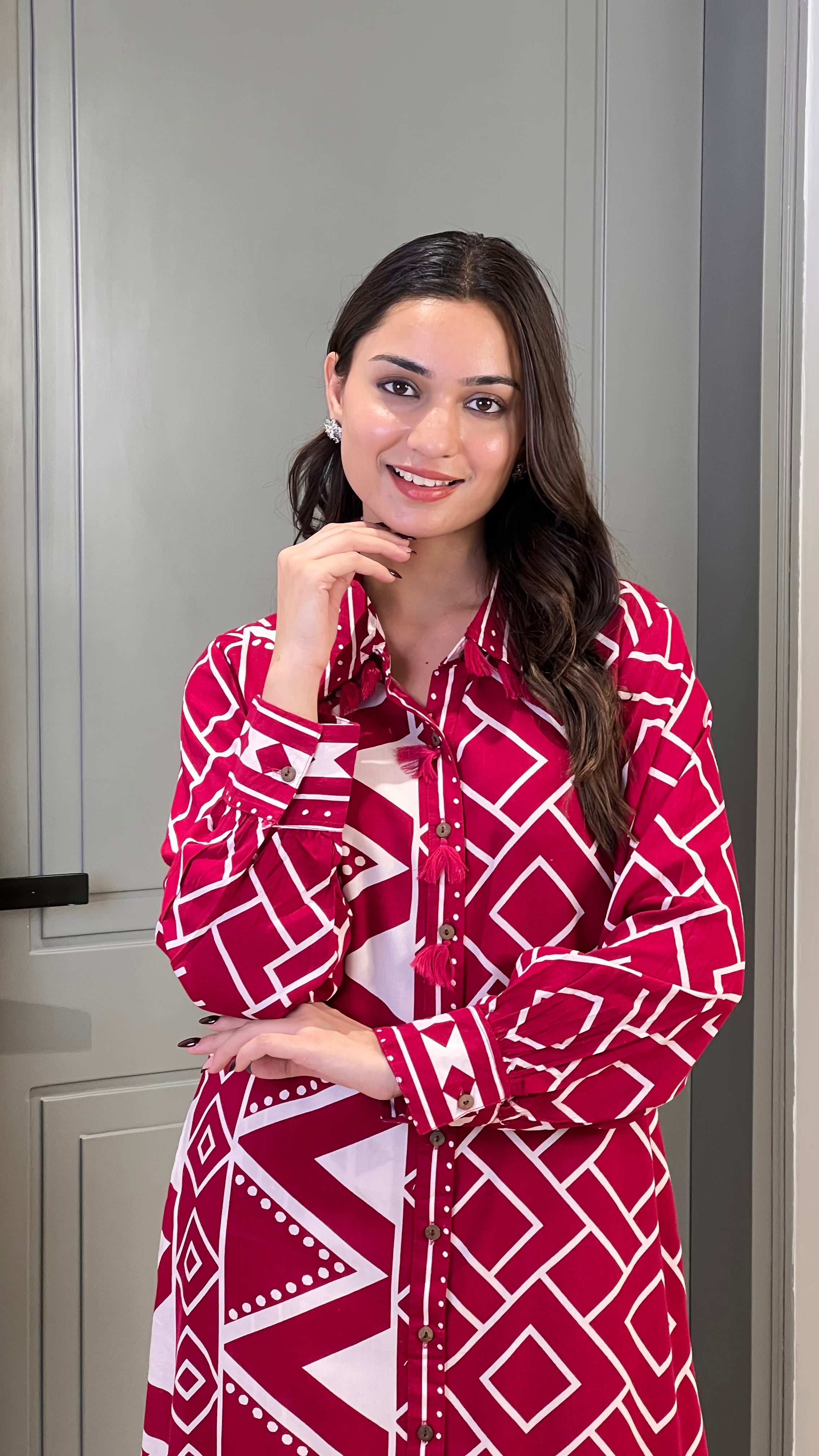 ⁠Zig Zag Pink Cotton Kurta Pants