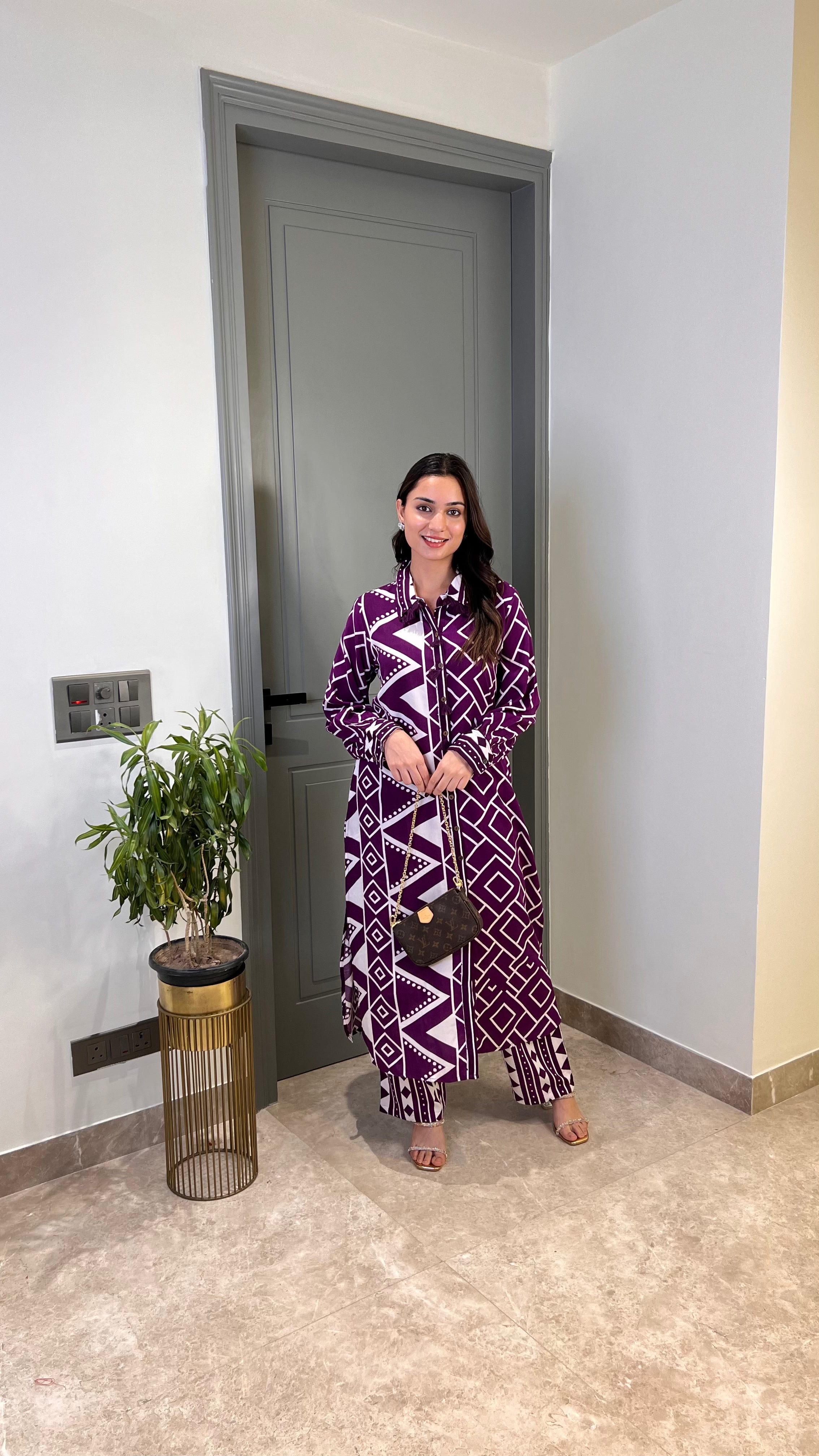 Zig Zag Purple Cotton Kurta Pants
