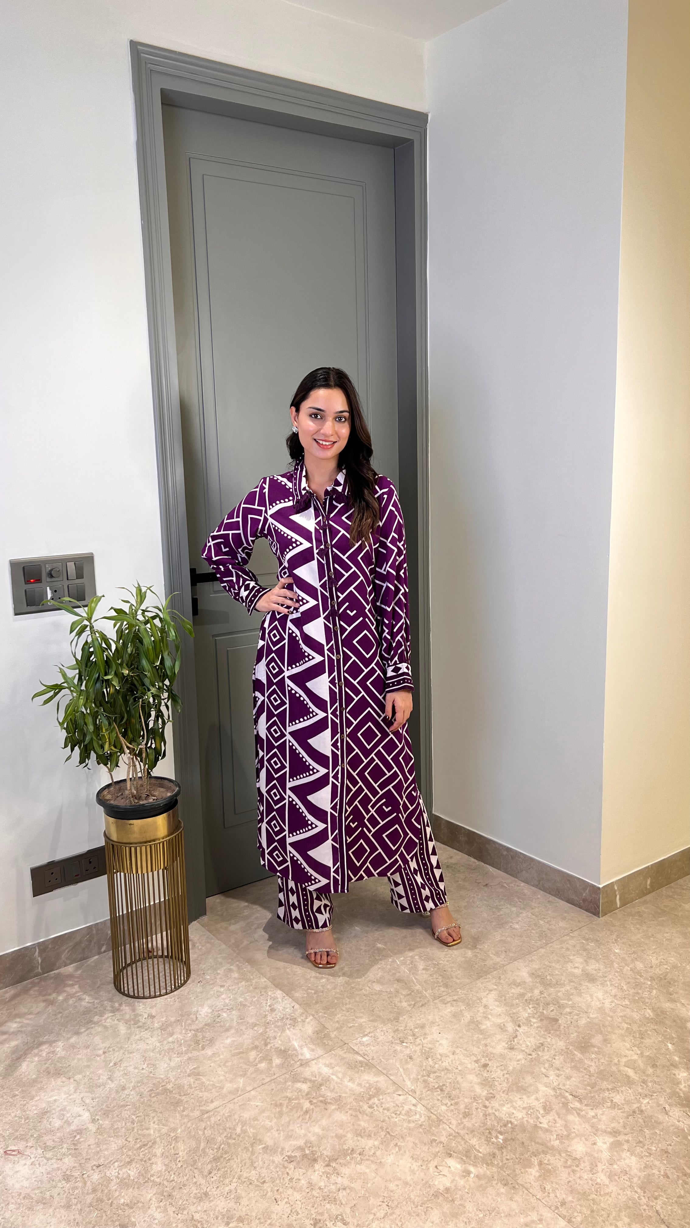 Zig Zag Purple Cotton Kurta Pants