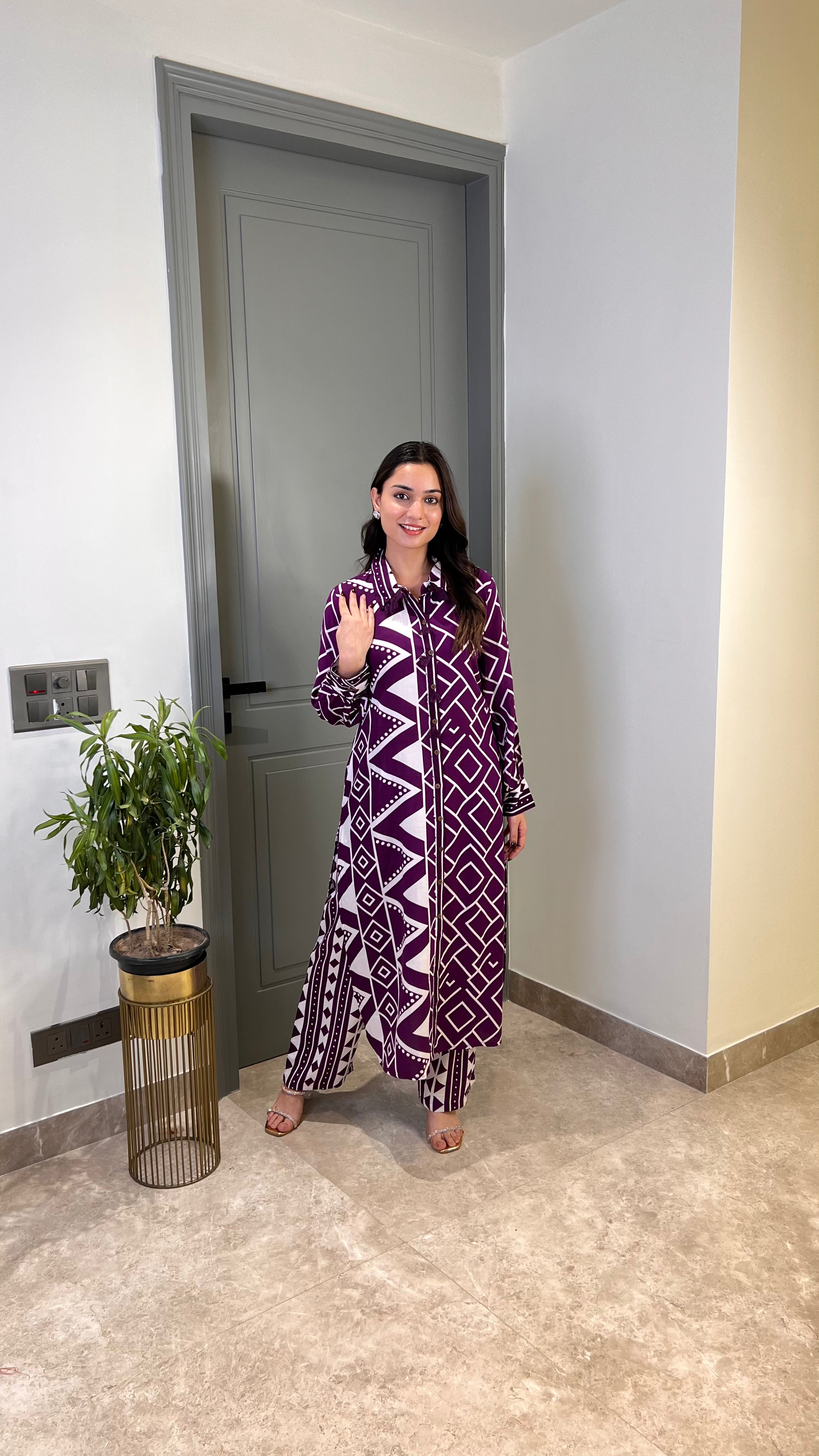 Zig Zag Purple Cotton Kurta Pants