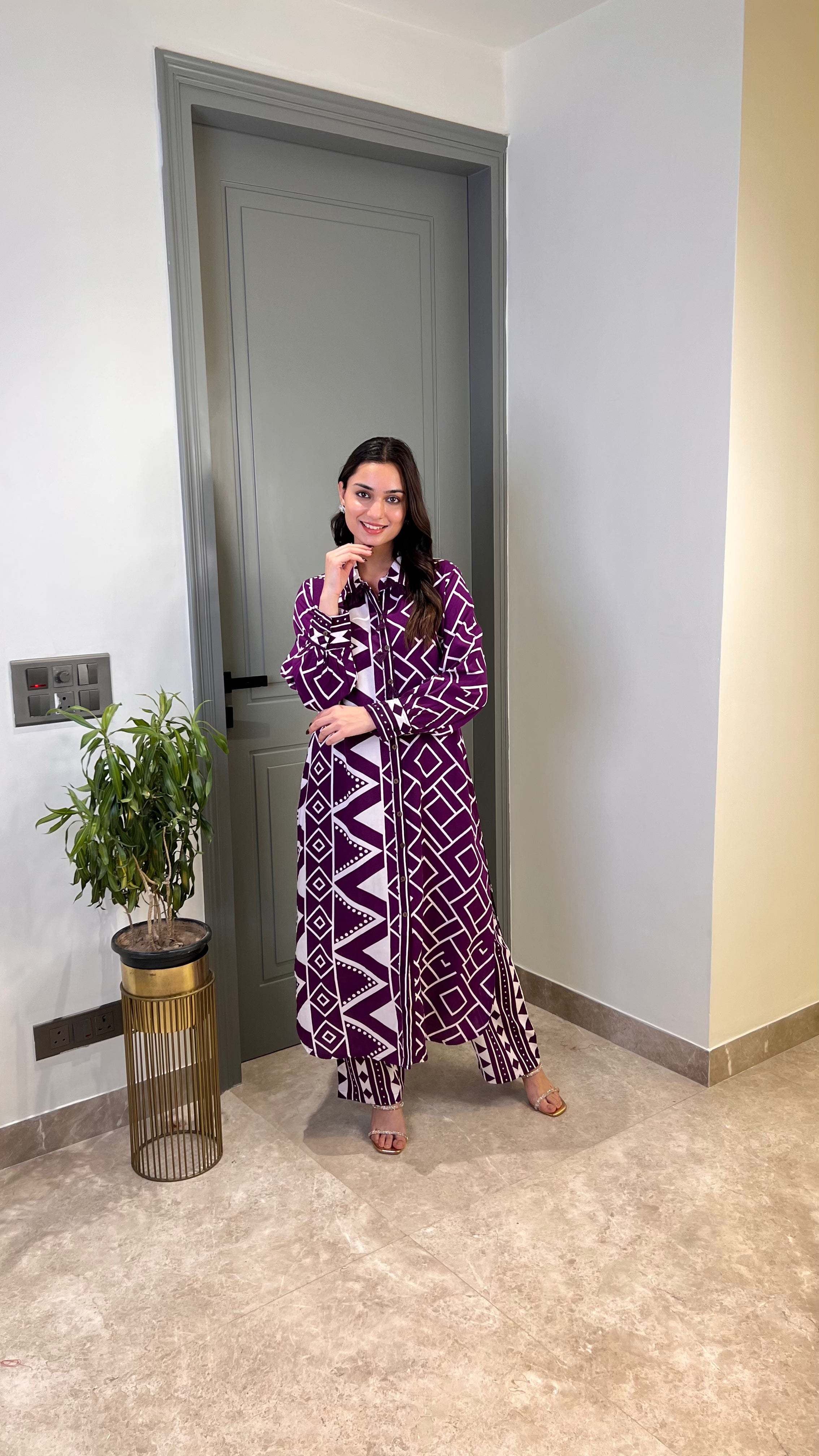 Zig Zag Purple Cotton Kurta Pants