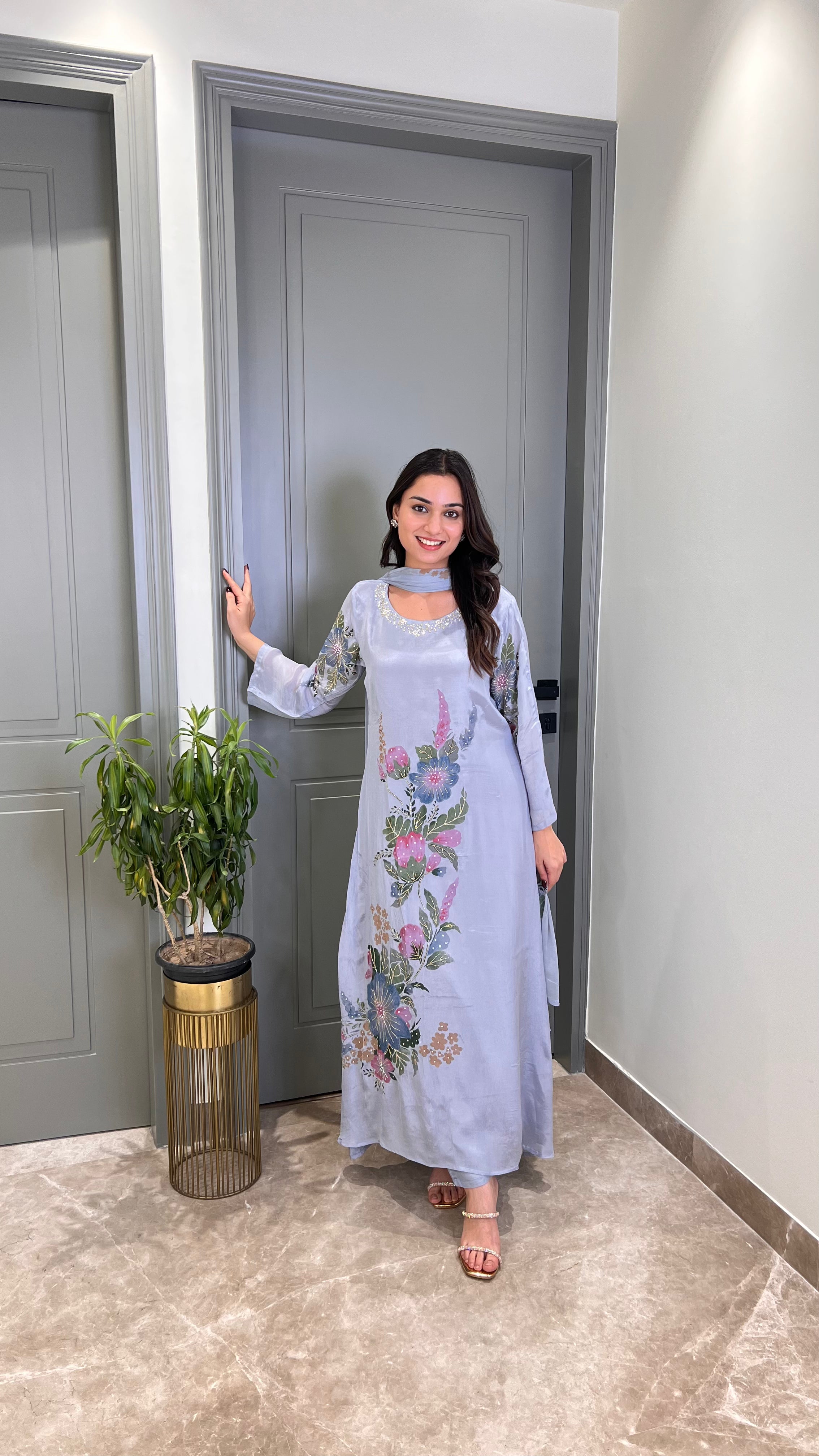 Blue Crepe Floral Suit Set