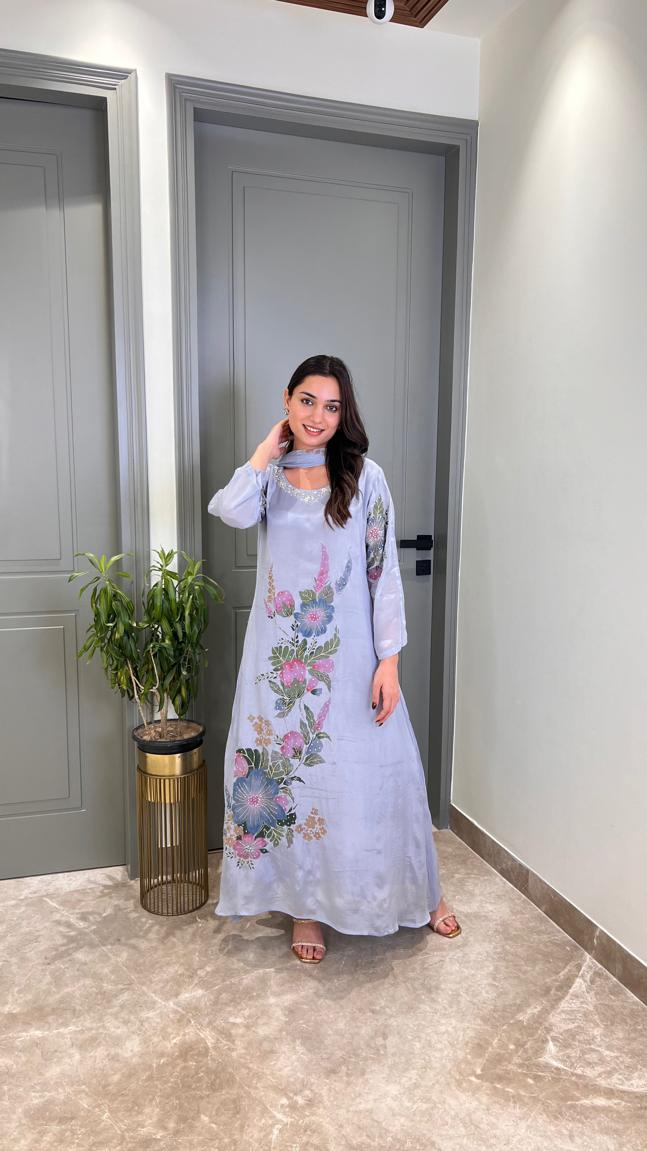 Blue Crepe Floral Suit Set