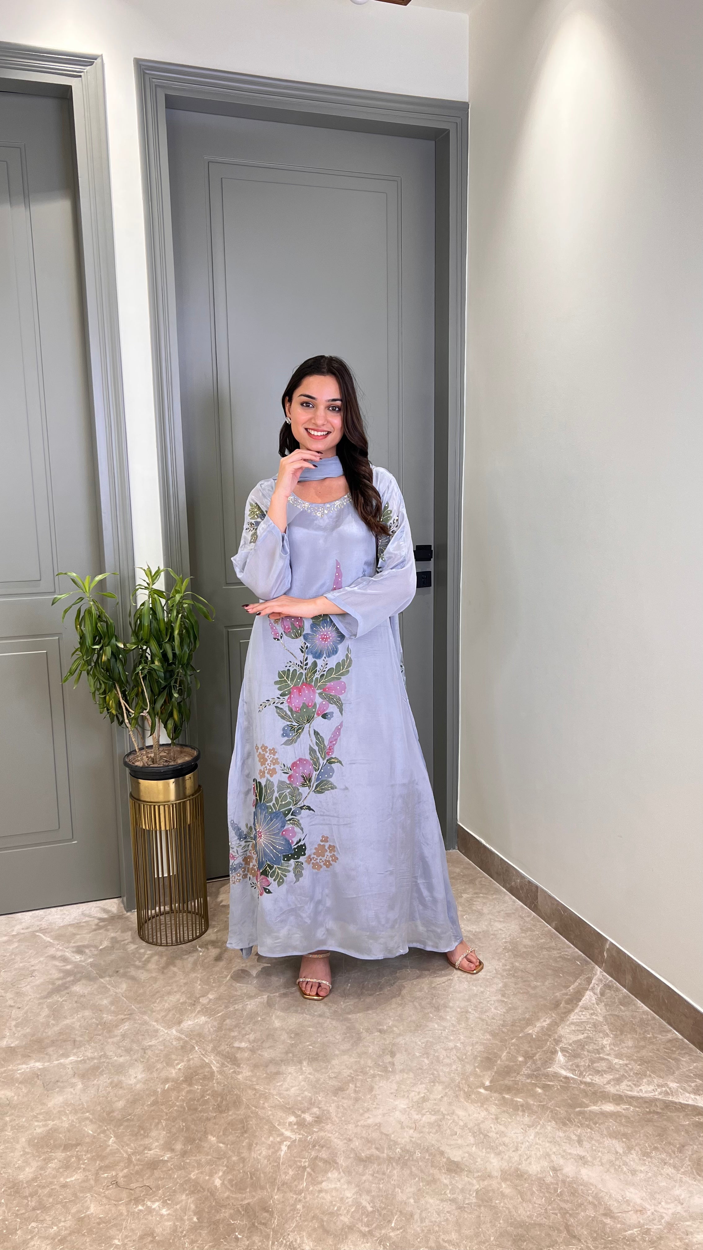 Blue Crepe Floral Suit Set