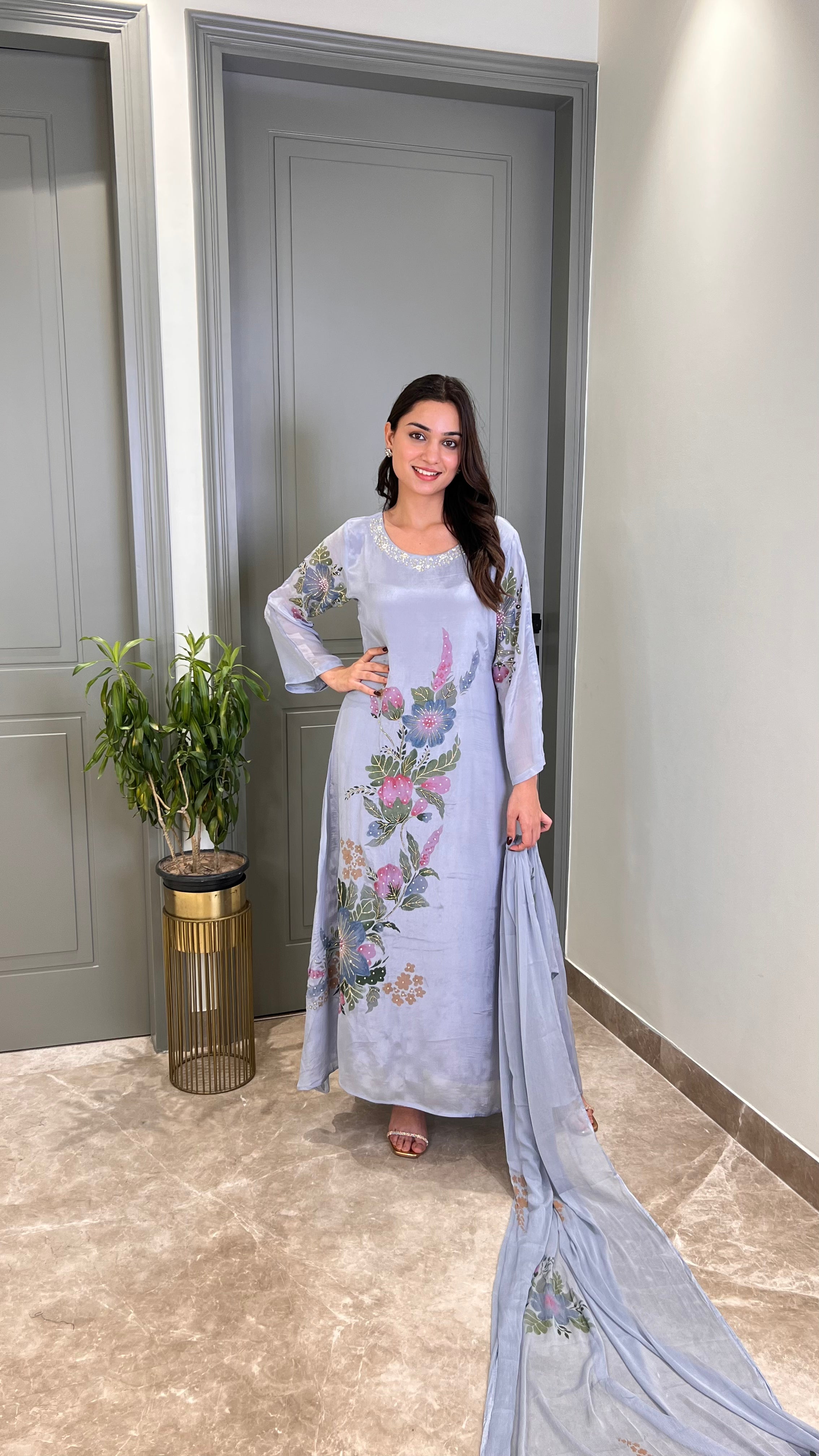 Blue Crepe Floral Suit Set