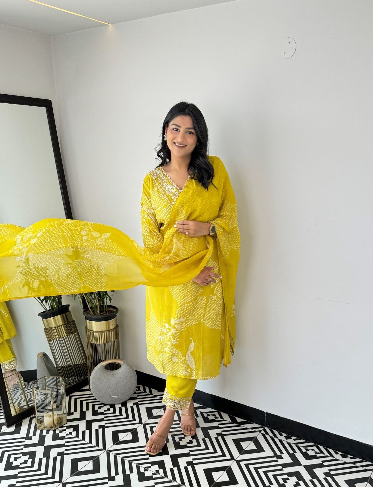 Mustard Bandhej V-Neck Suit Set