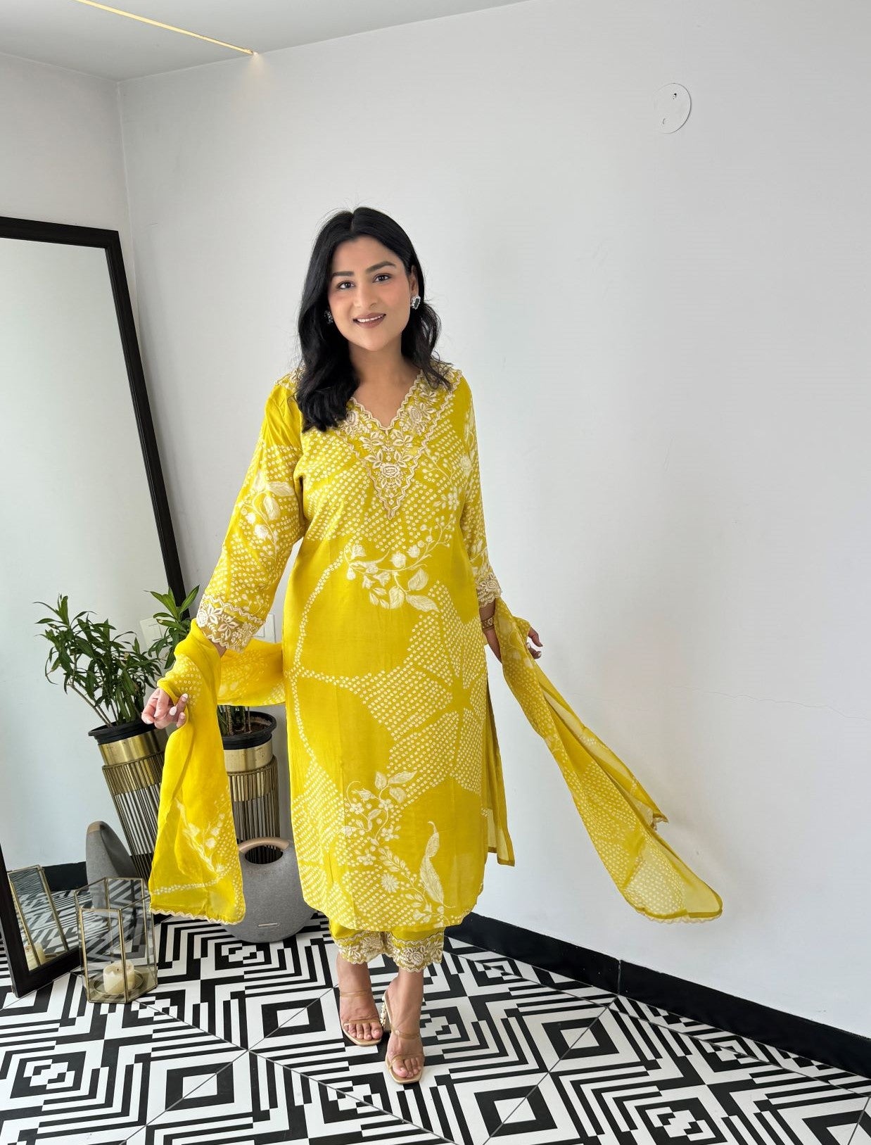 Mustard Bandhej V-Neck Suit Set