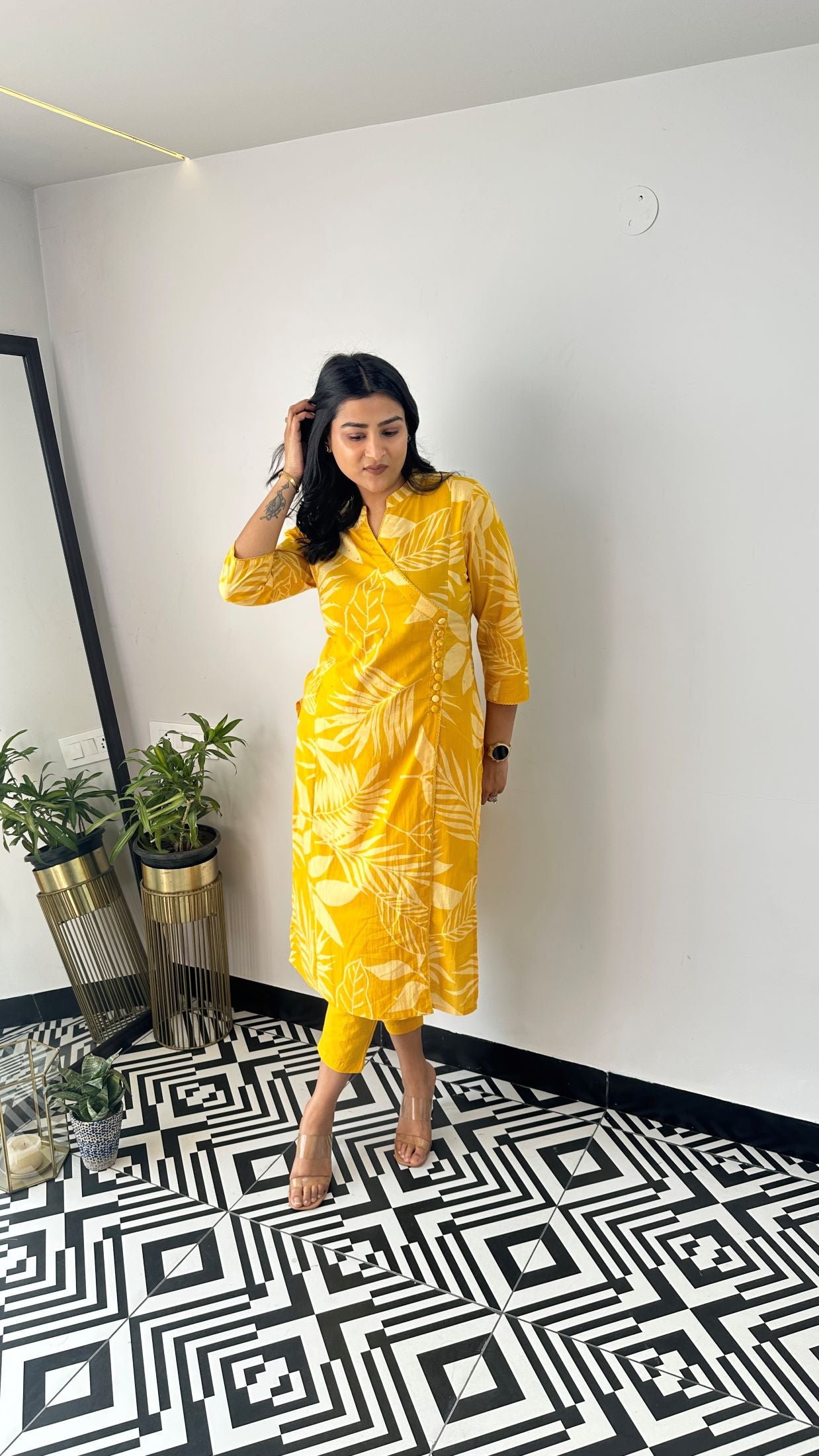 Mustard Leaf Angrakha Kurta Set