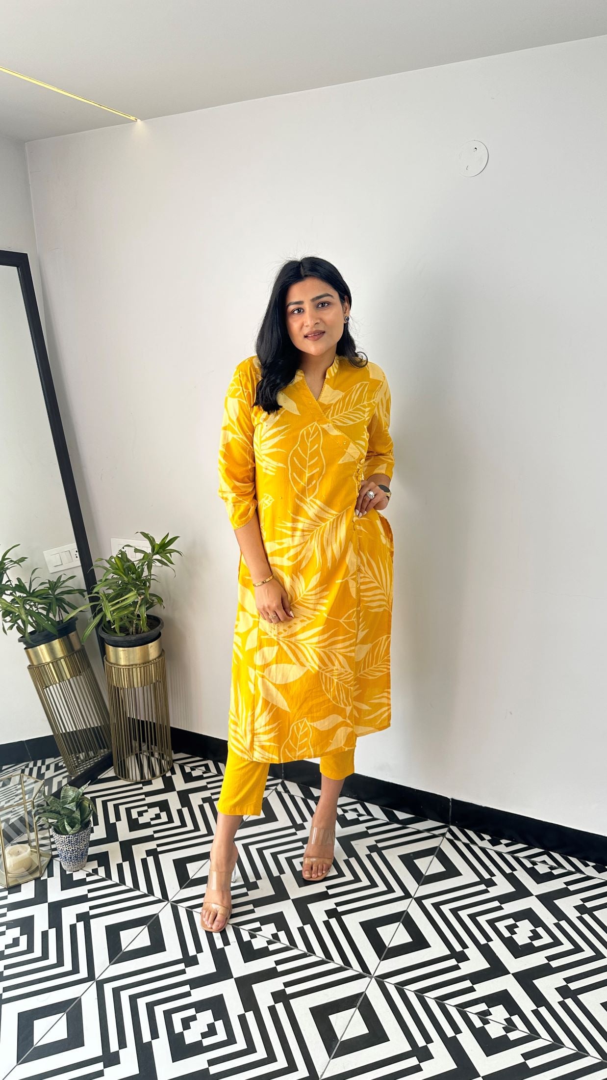 Mustard Leaf Angrakha Kurta Set