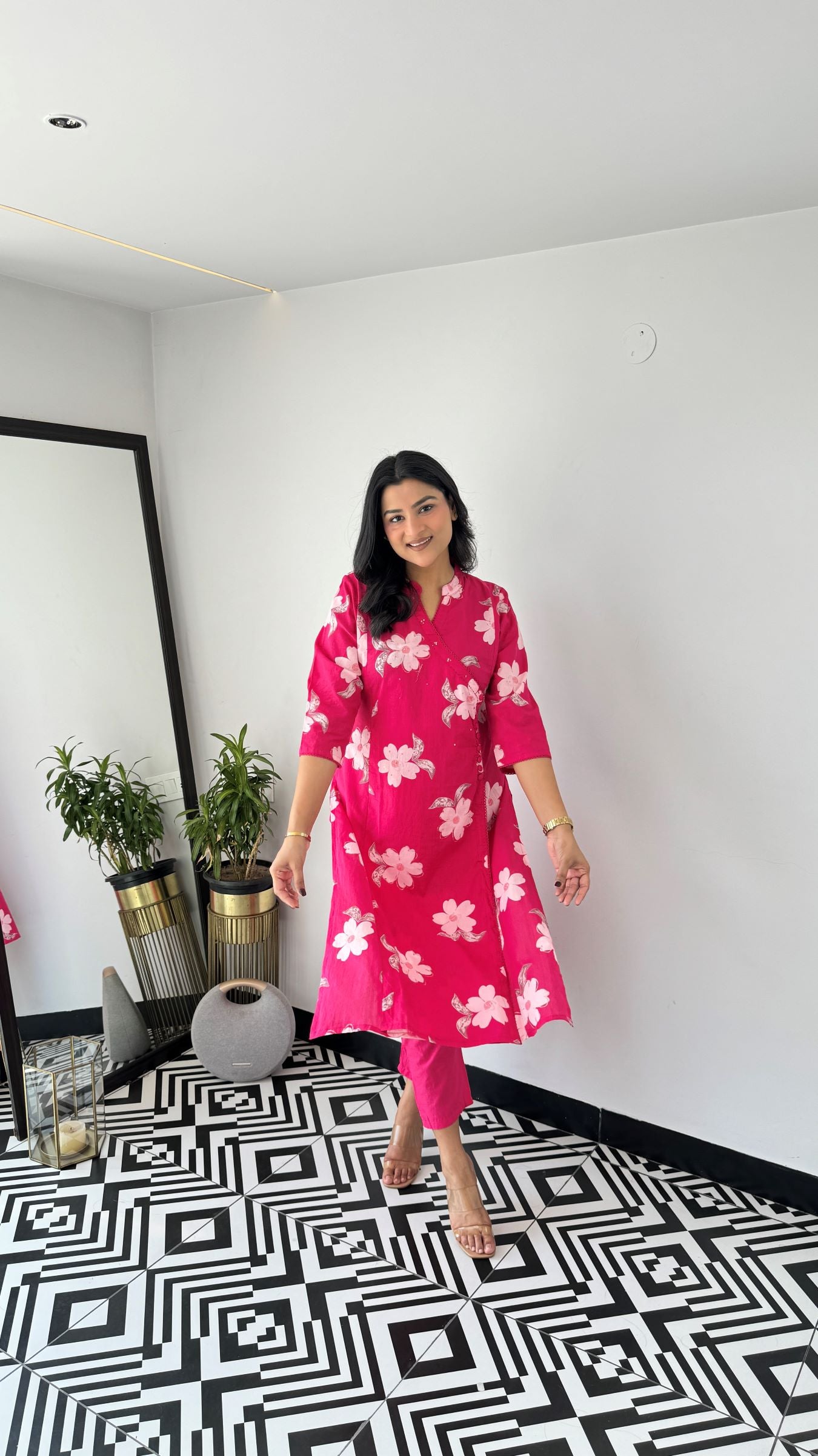 Pink Flower Angrakha Kurta Set