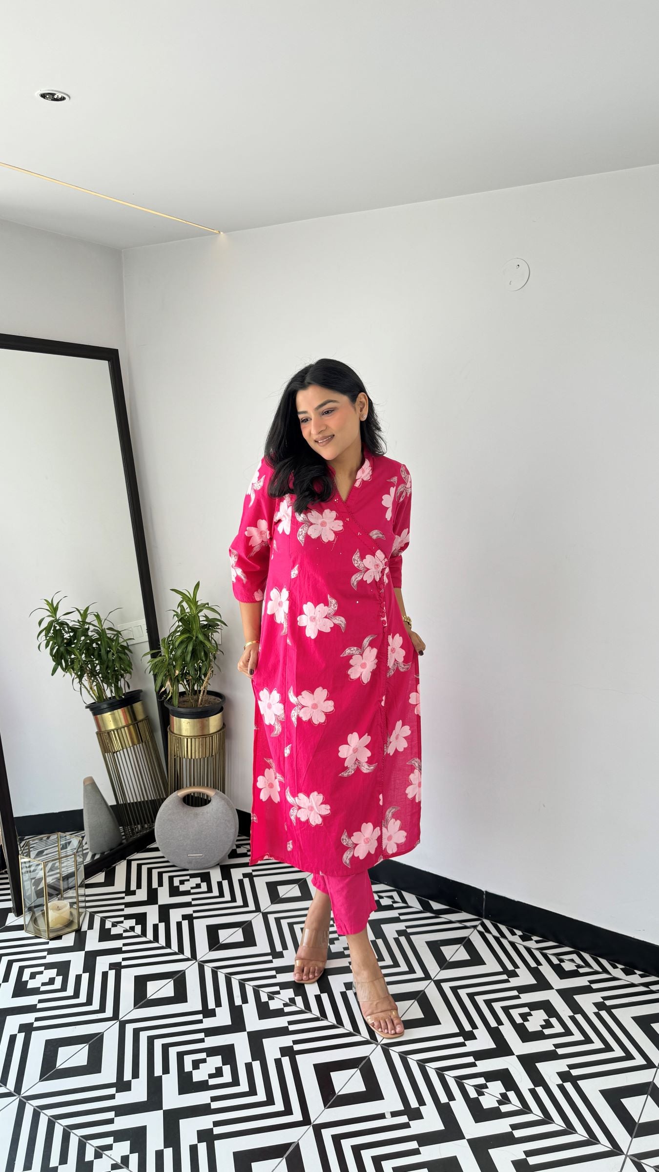 Pink Flower Angrakha Kurta Set