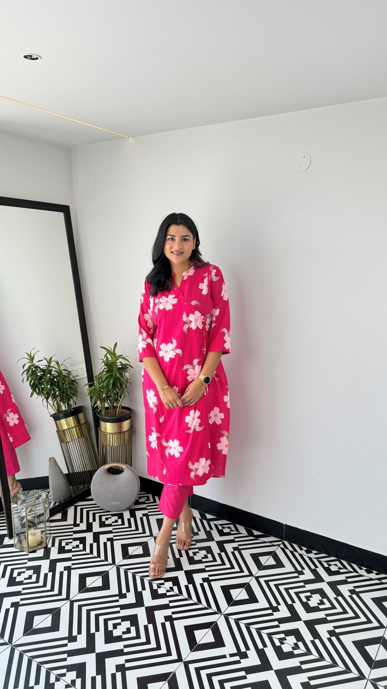 Pink Flower Angrakha Kurta Set