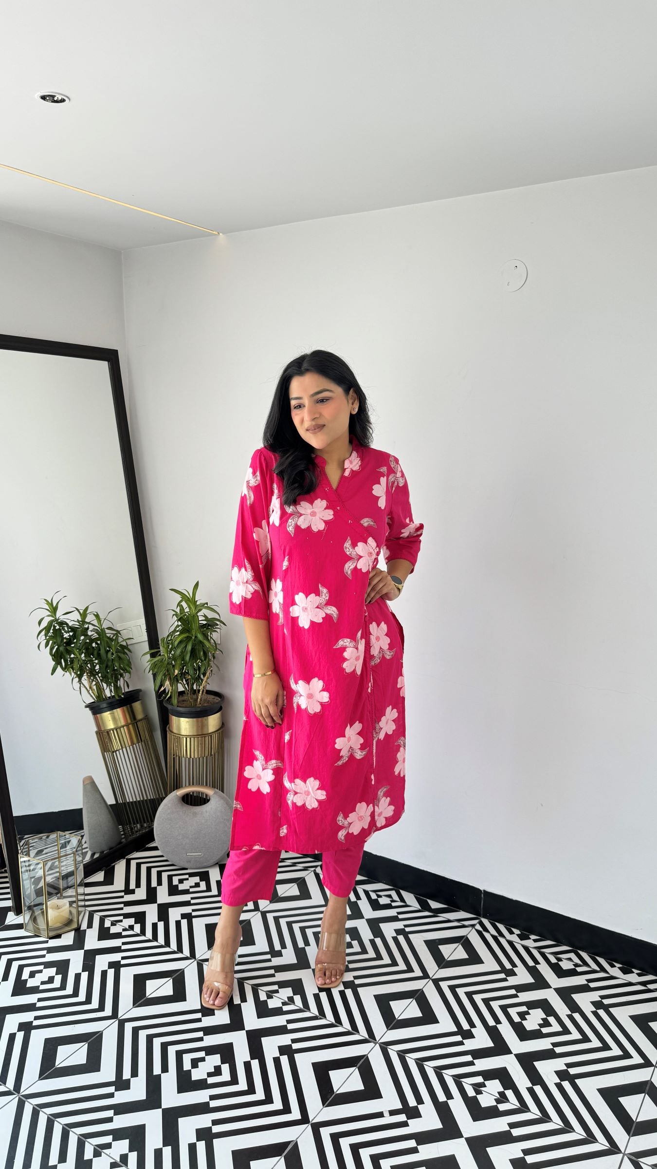 Pink Flower Angrakha Kurta Set