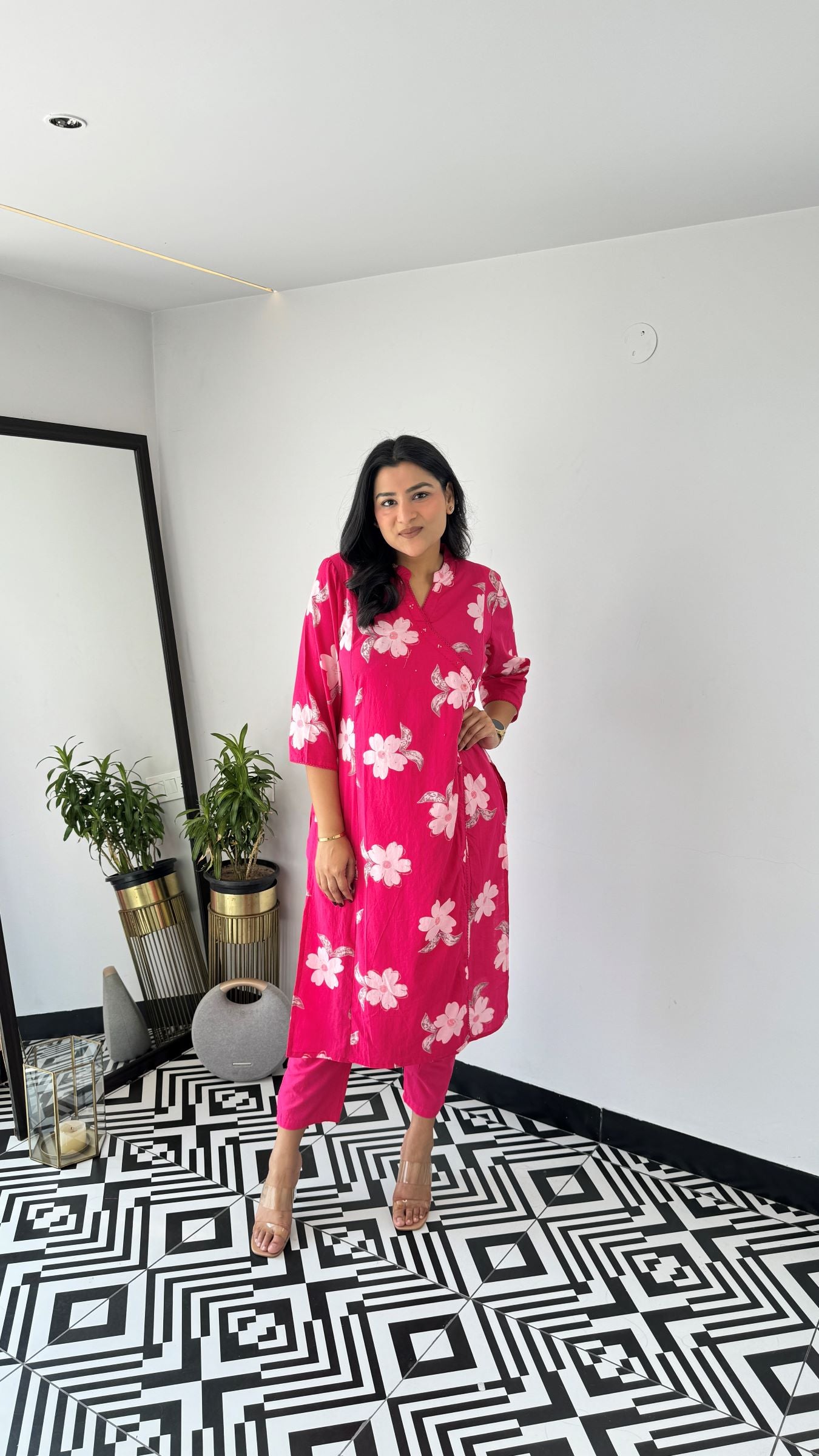 Pink Flower Angrakha Kurta Set