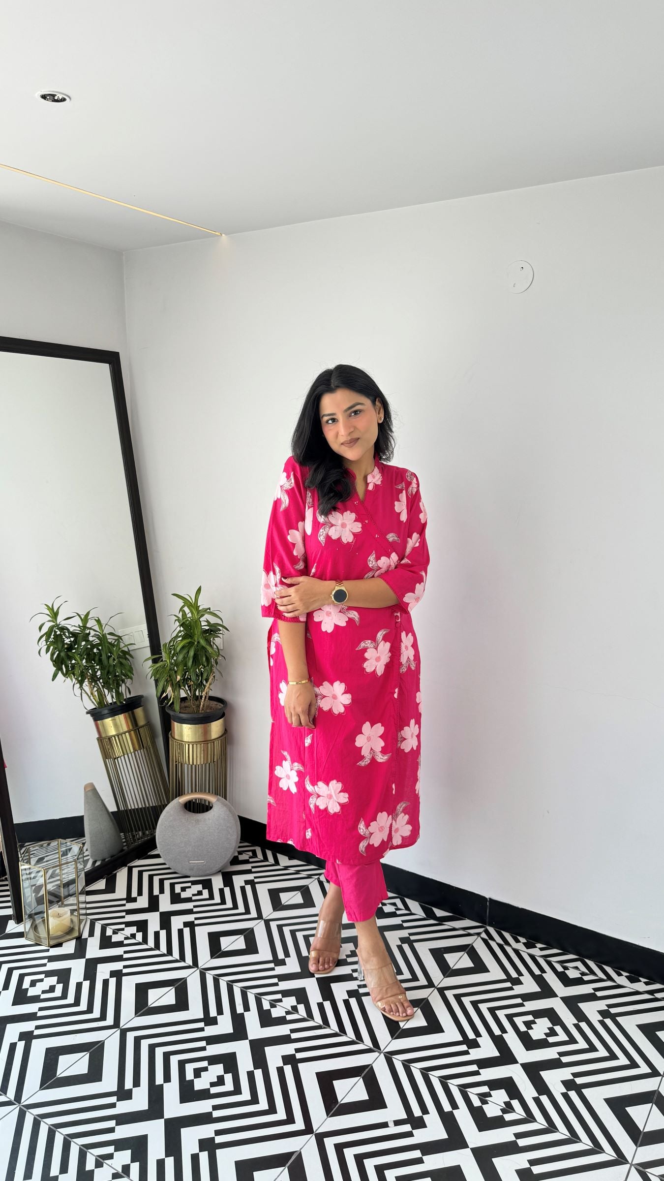 Pink Flower Angrakha Kurta Set