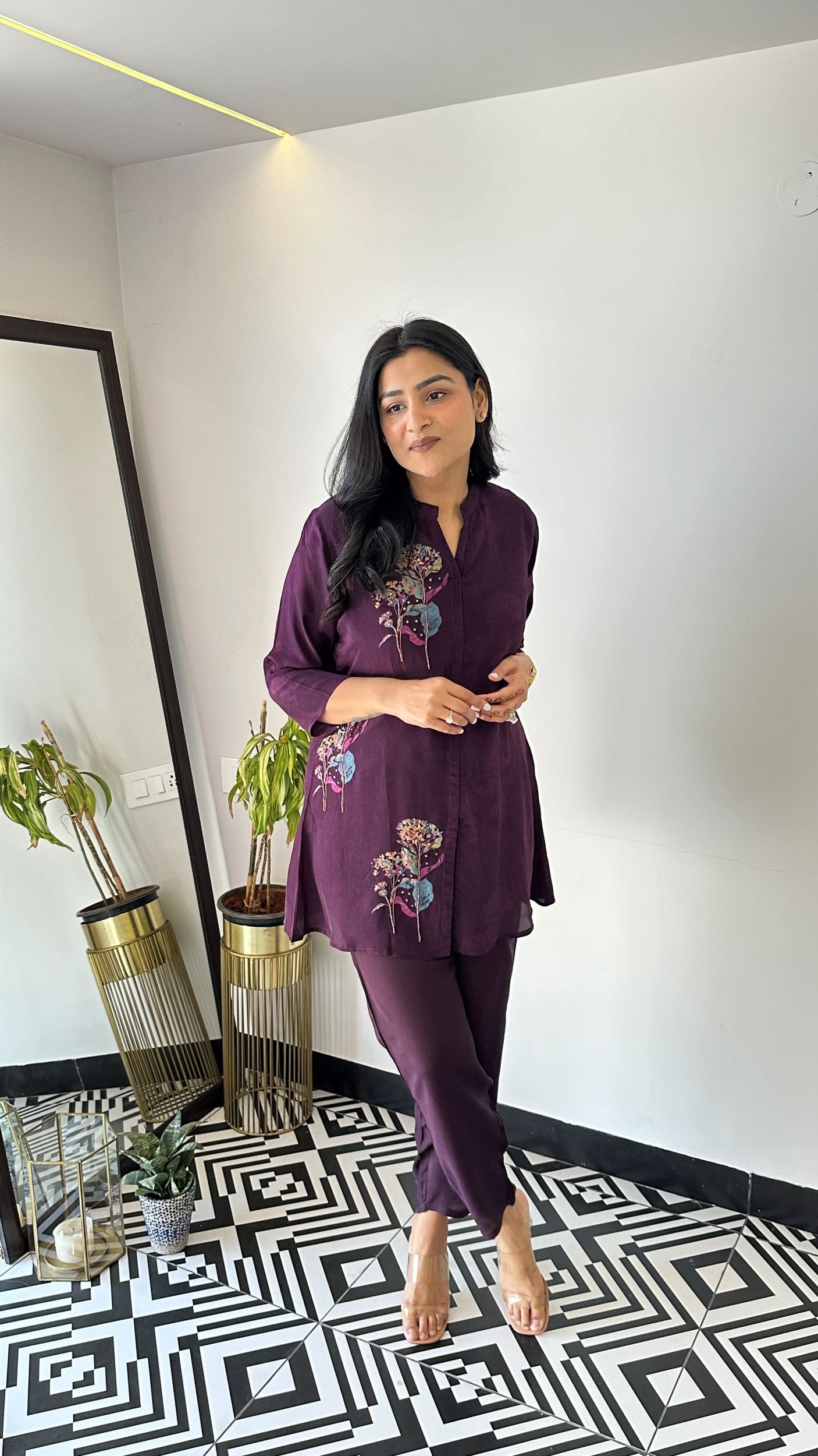 Purple Hand Work Crepe Cord Set shrisa.in