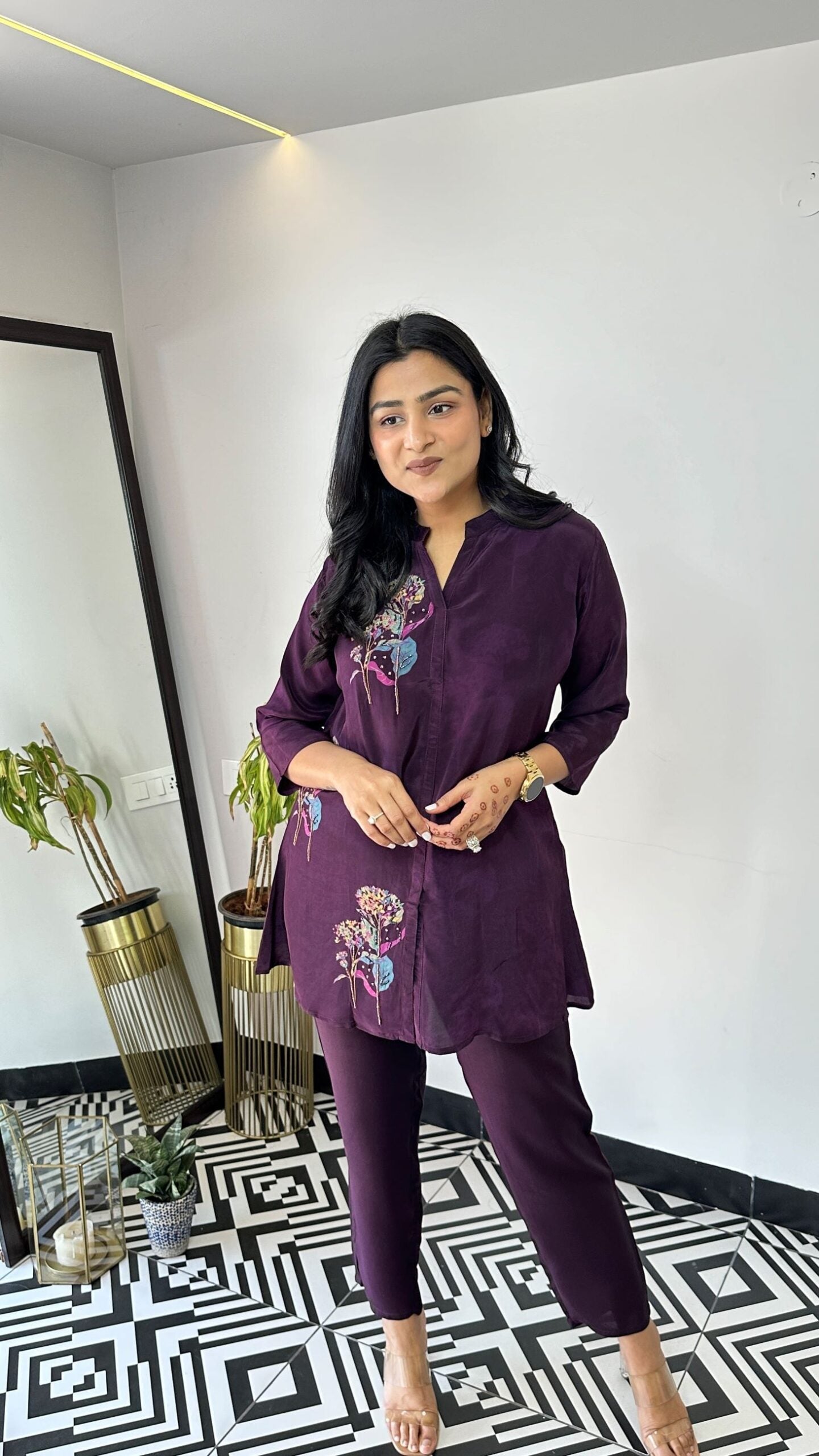 Purple Hand Work Crepe Cord Set shrisa.in