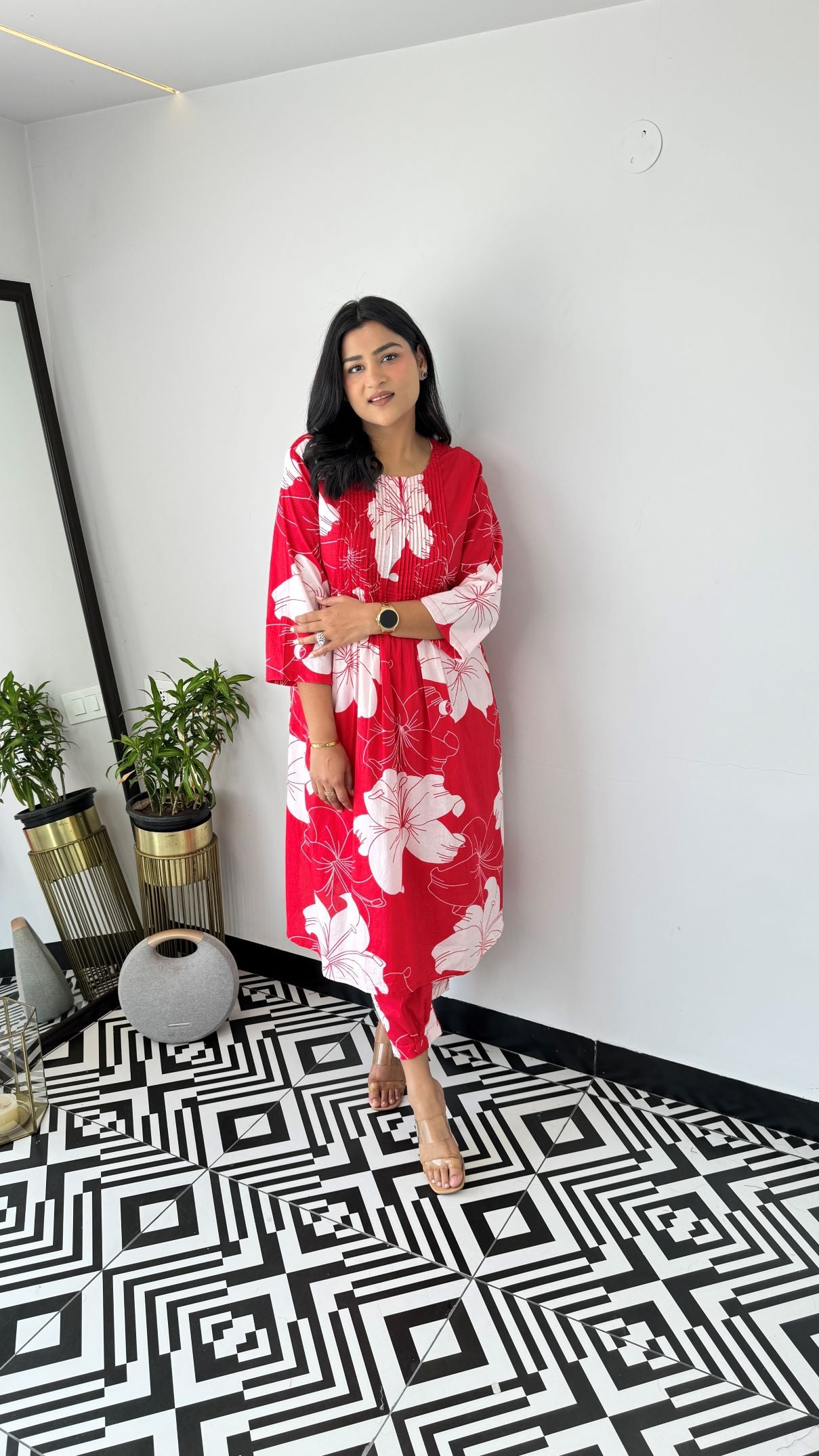 Pintex Red Kurta Pants