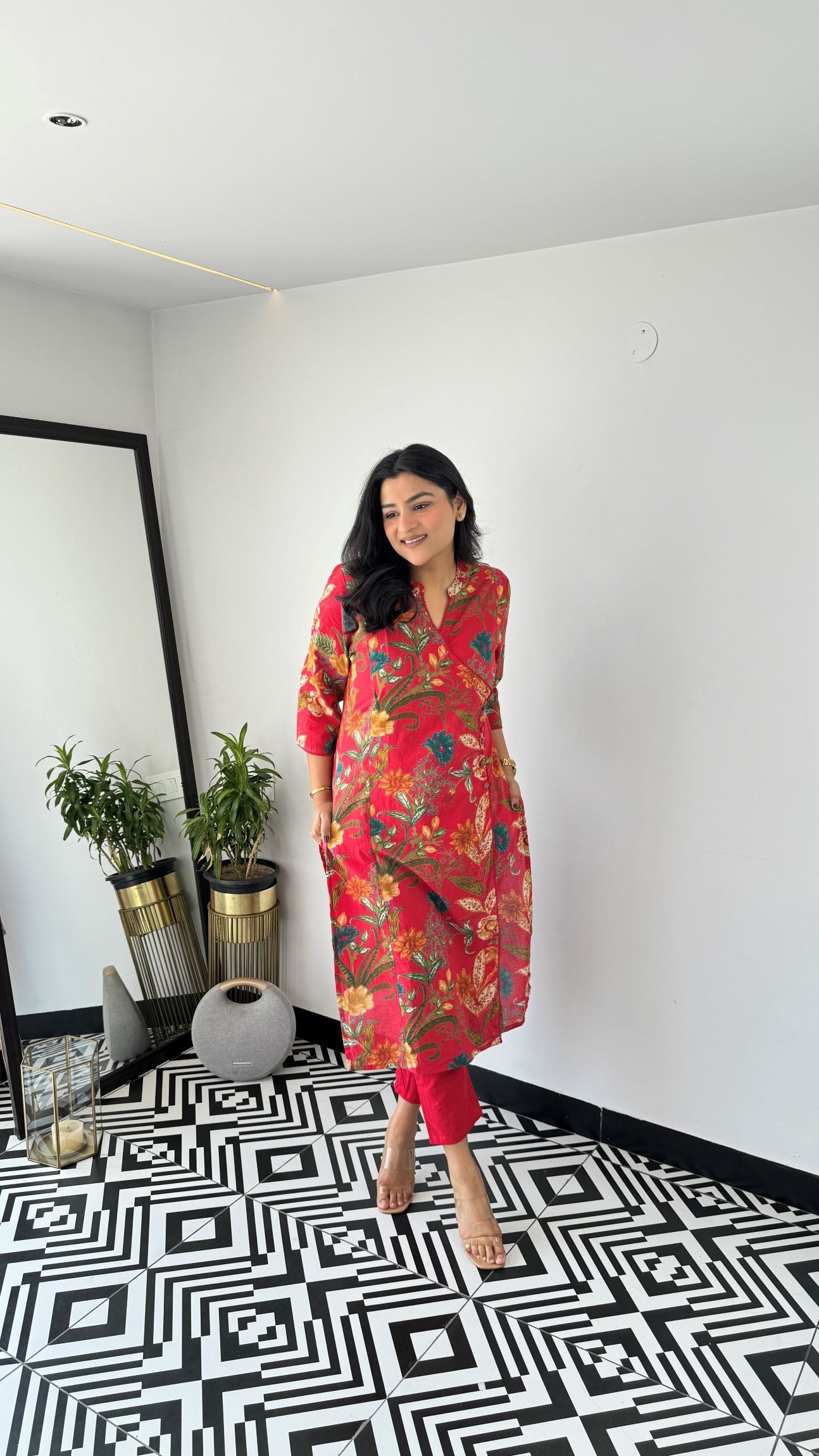 Red Retro Angrakha Kurta Set