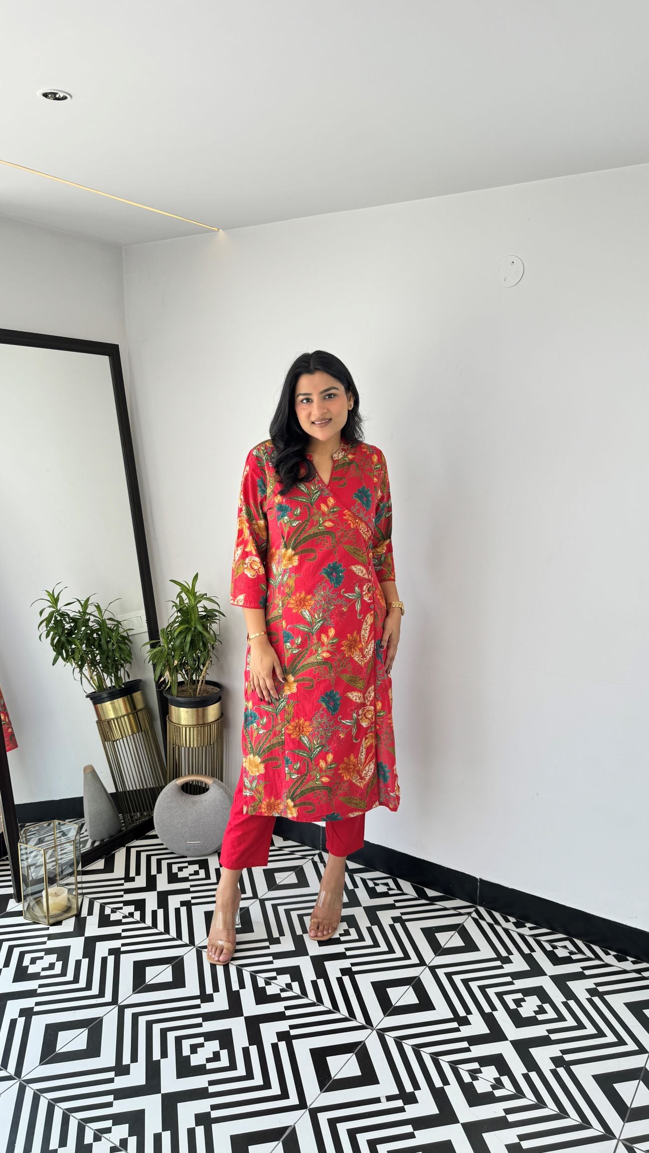 Red Retro Angrakha Kurta Set