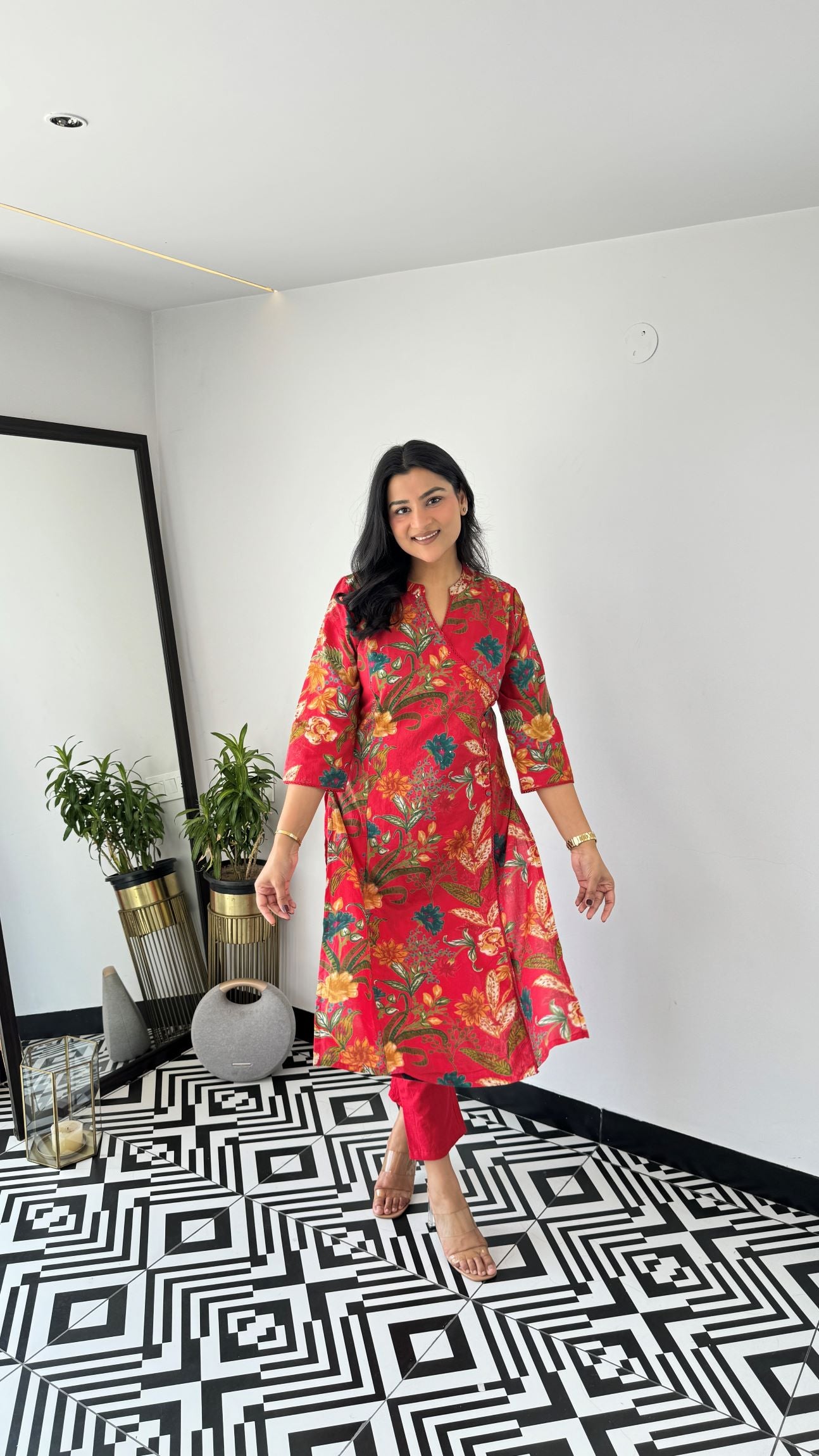 Red Retro Angrakha Kurta Set