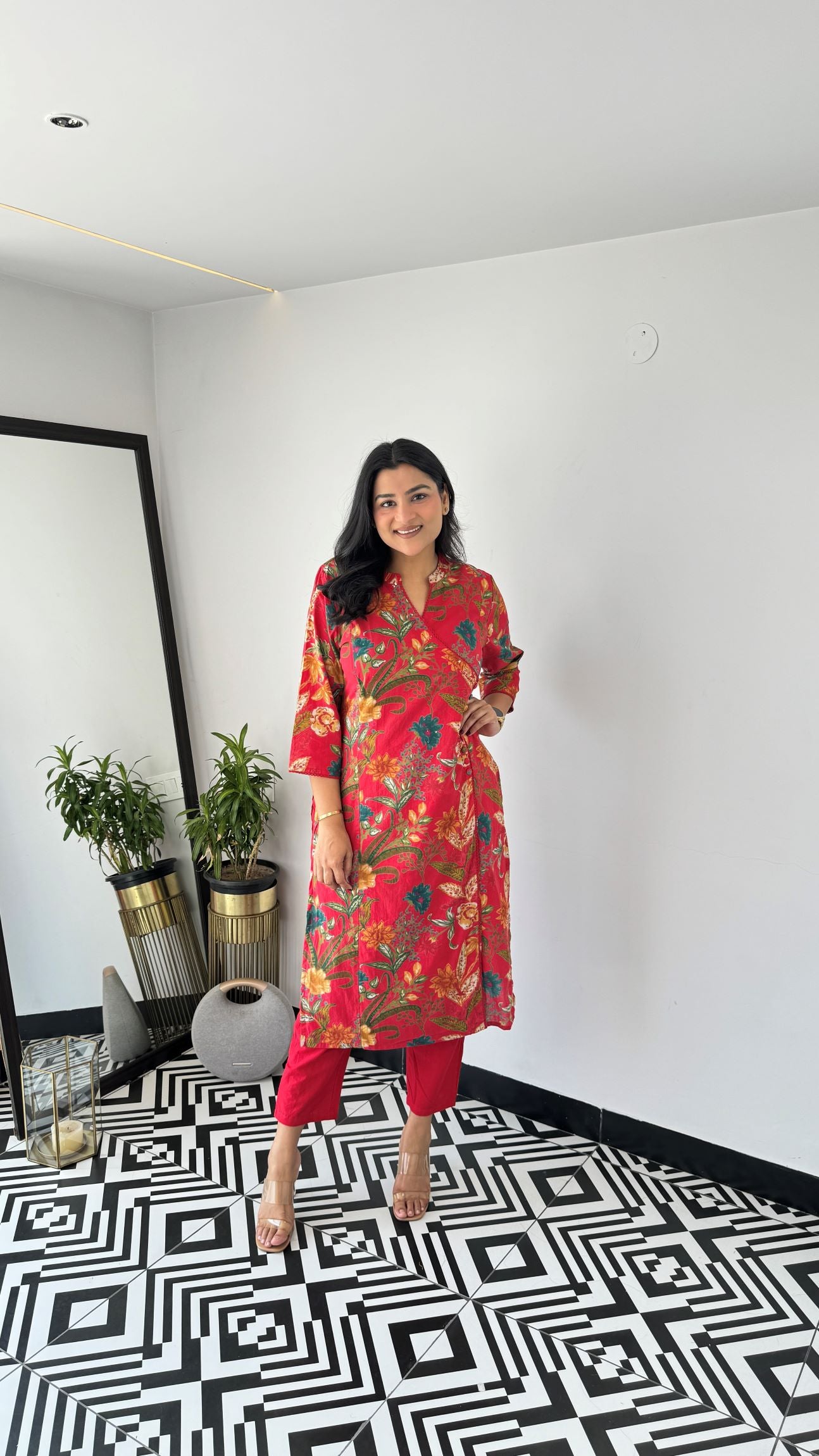 Red Retro Angrakha Kurta Set
