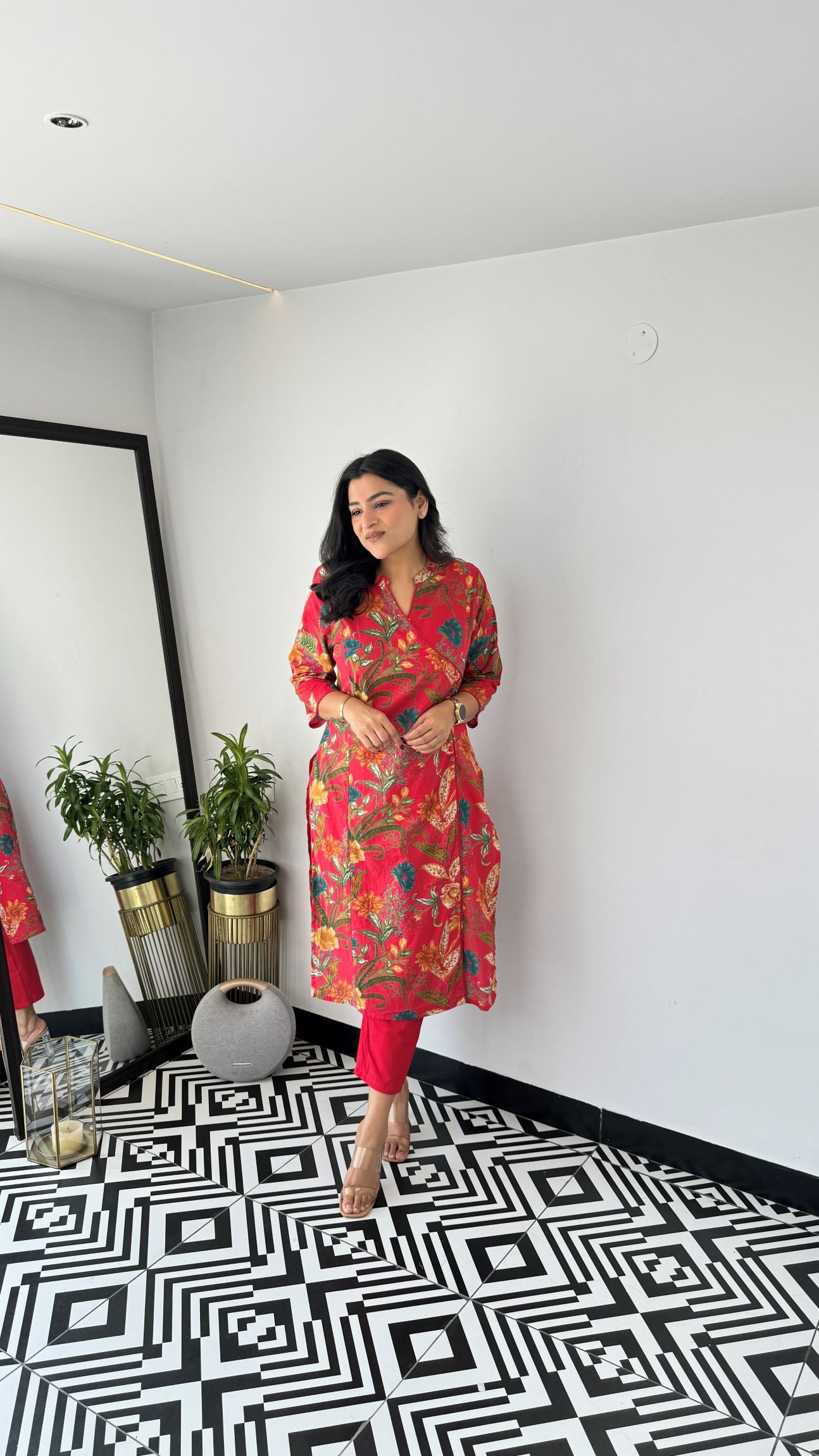 Red Retro Angrakha Kurta Set