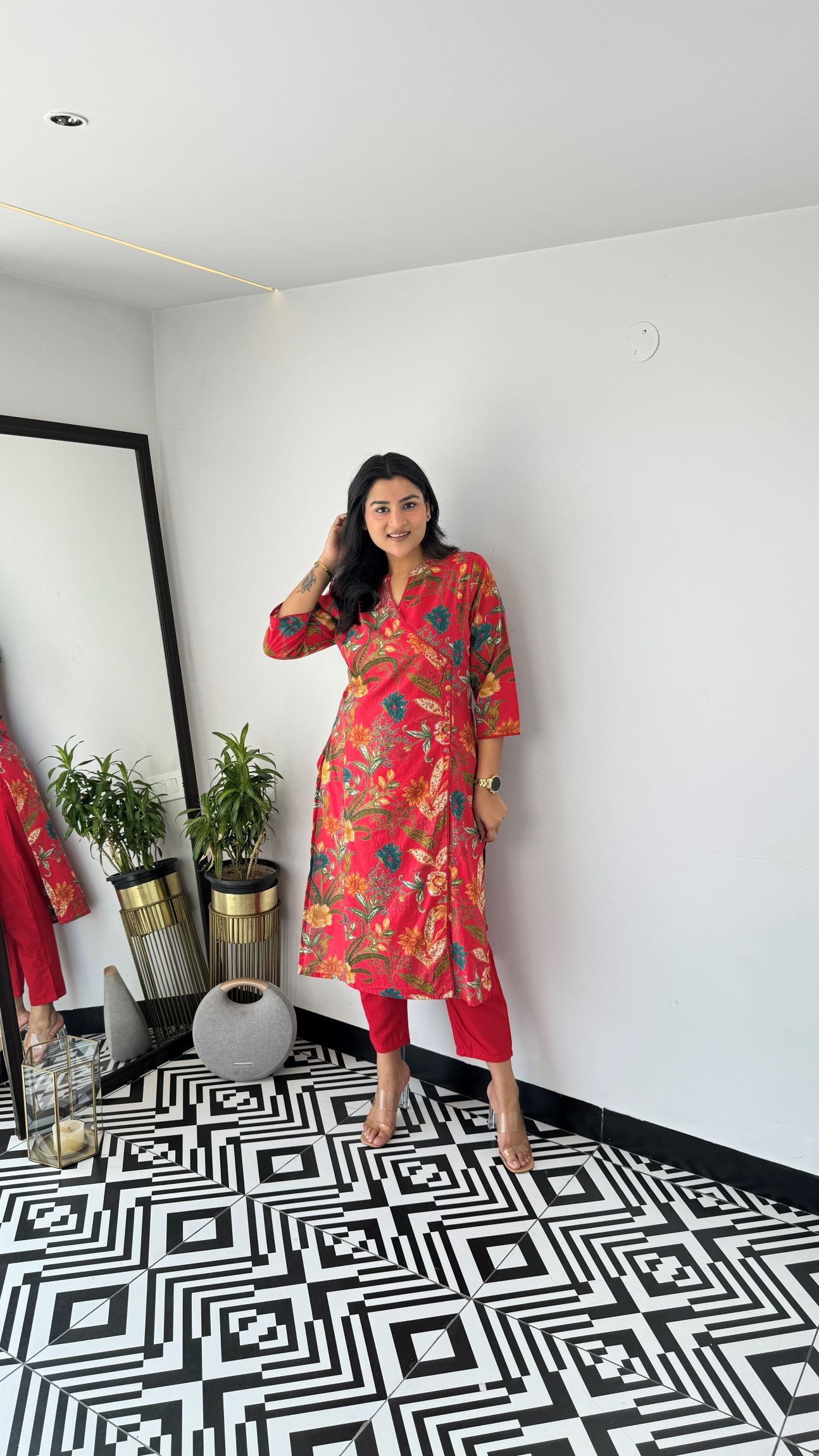 Red Retro Angrakha Kurta Set