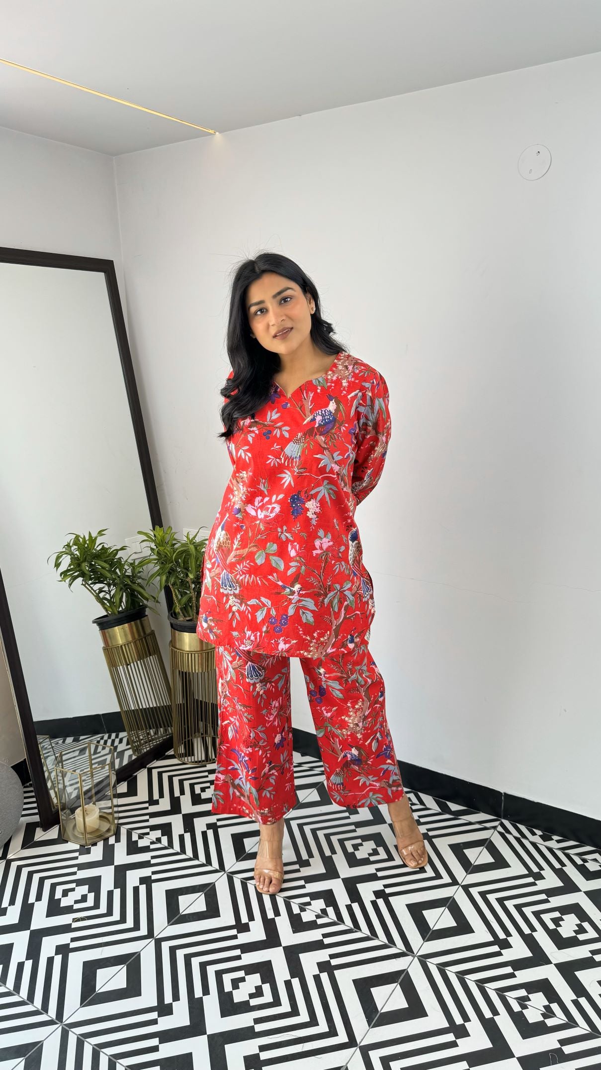 Red Multiprint Short Cotton Cord Set