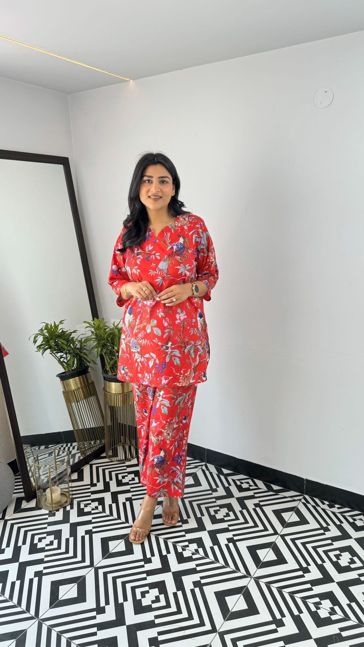 Red Multiprint Short Cotton Cord Set