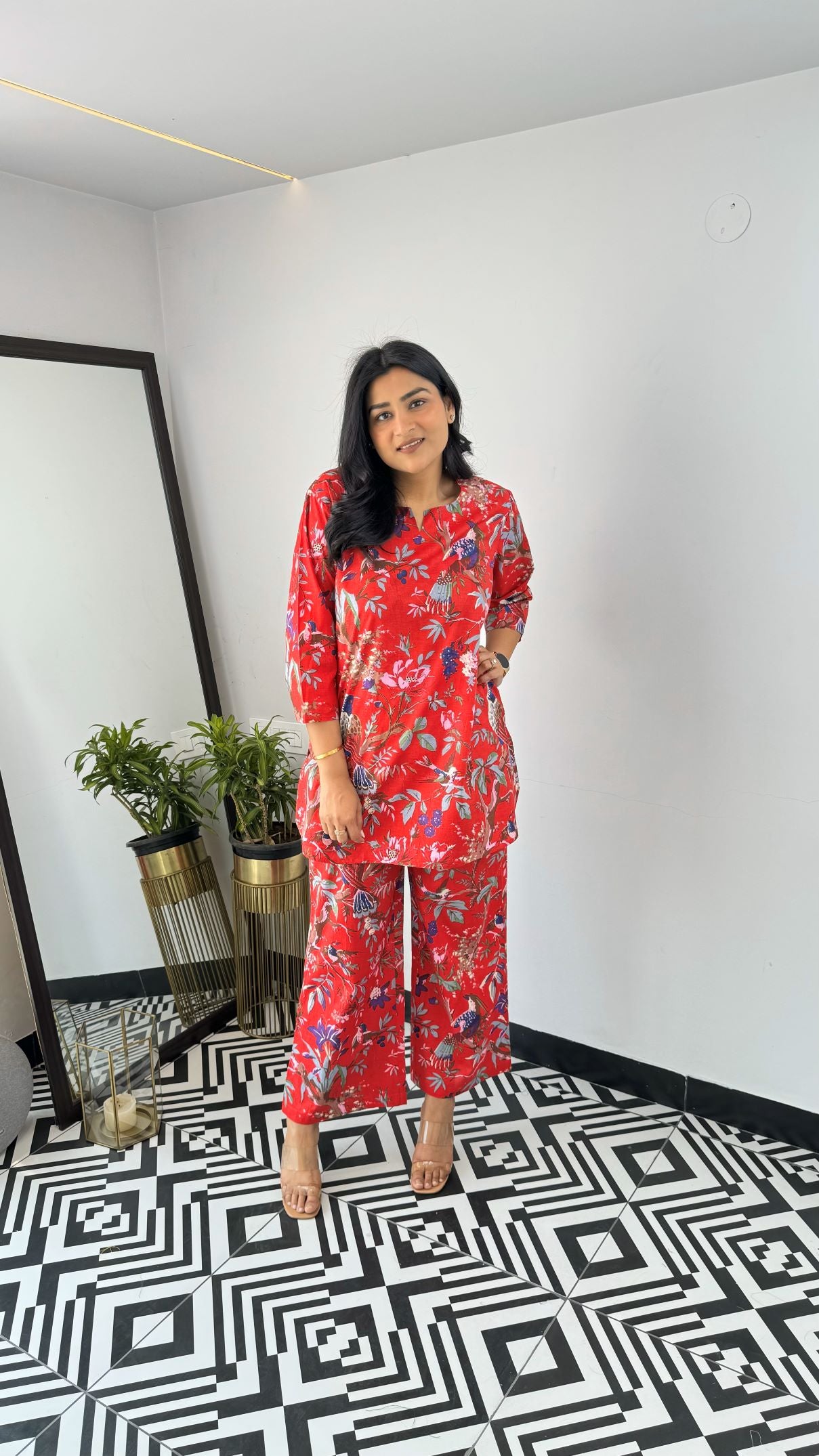 Red Multiprint Short Cotton Cord Set