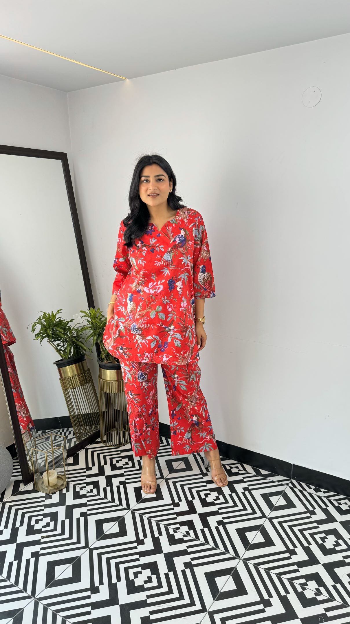 Red Multiprint Short Cotton Cord Set