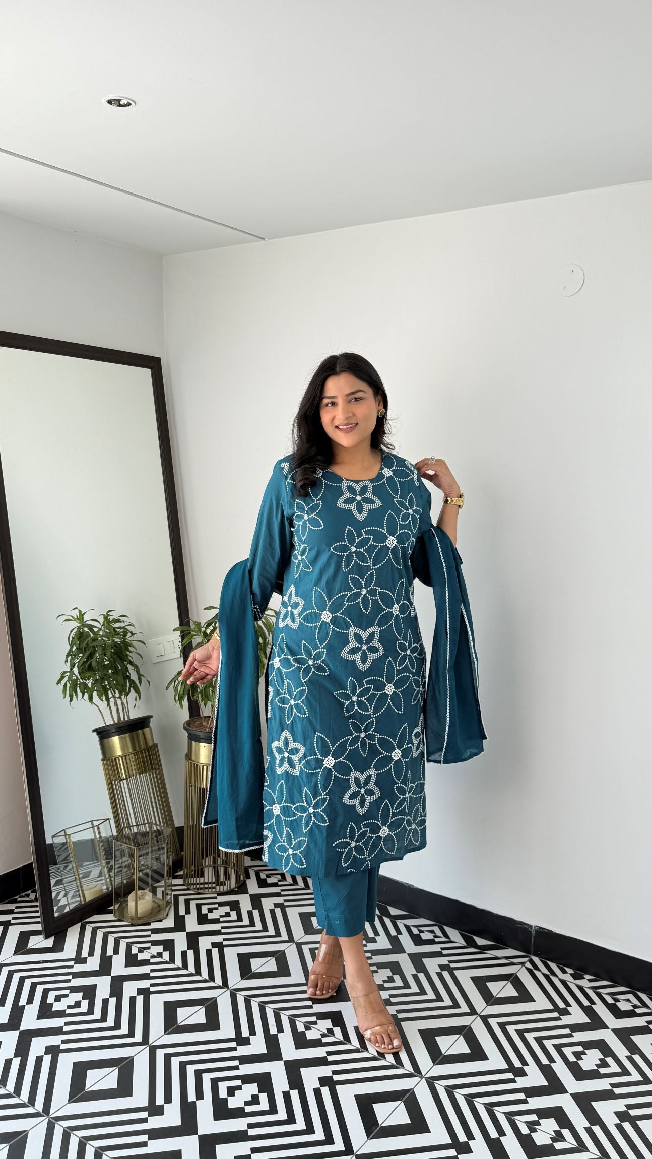 Teal Floral Embalished Suit Set